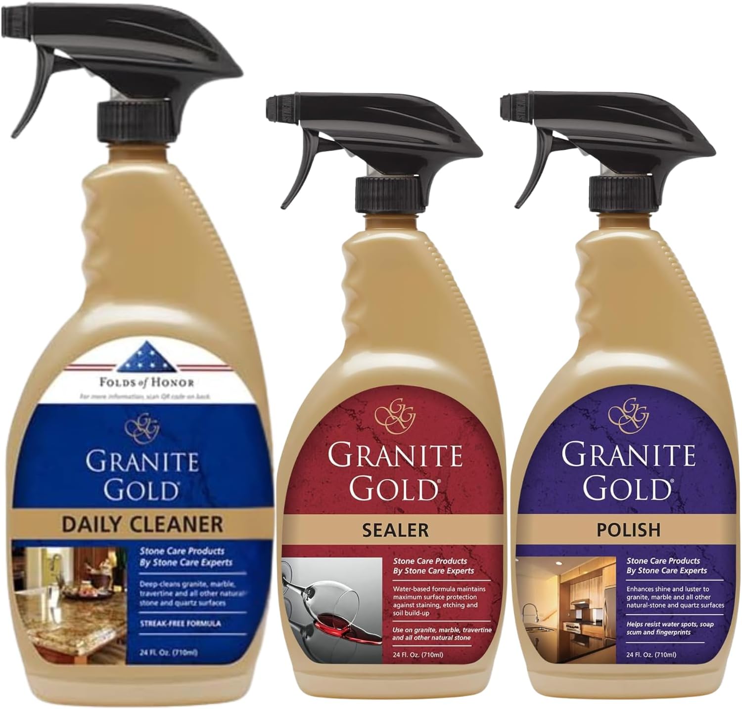 Stone Care Bundle – Daily Cleaner 32 oz, Sealer 24 oz & Polish 24 oz – Complete Cleaning, Sealing & Shine Kit for Granite, Marble, Quartz & Natural Stone Countertops