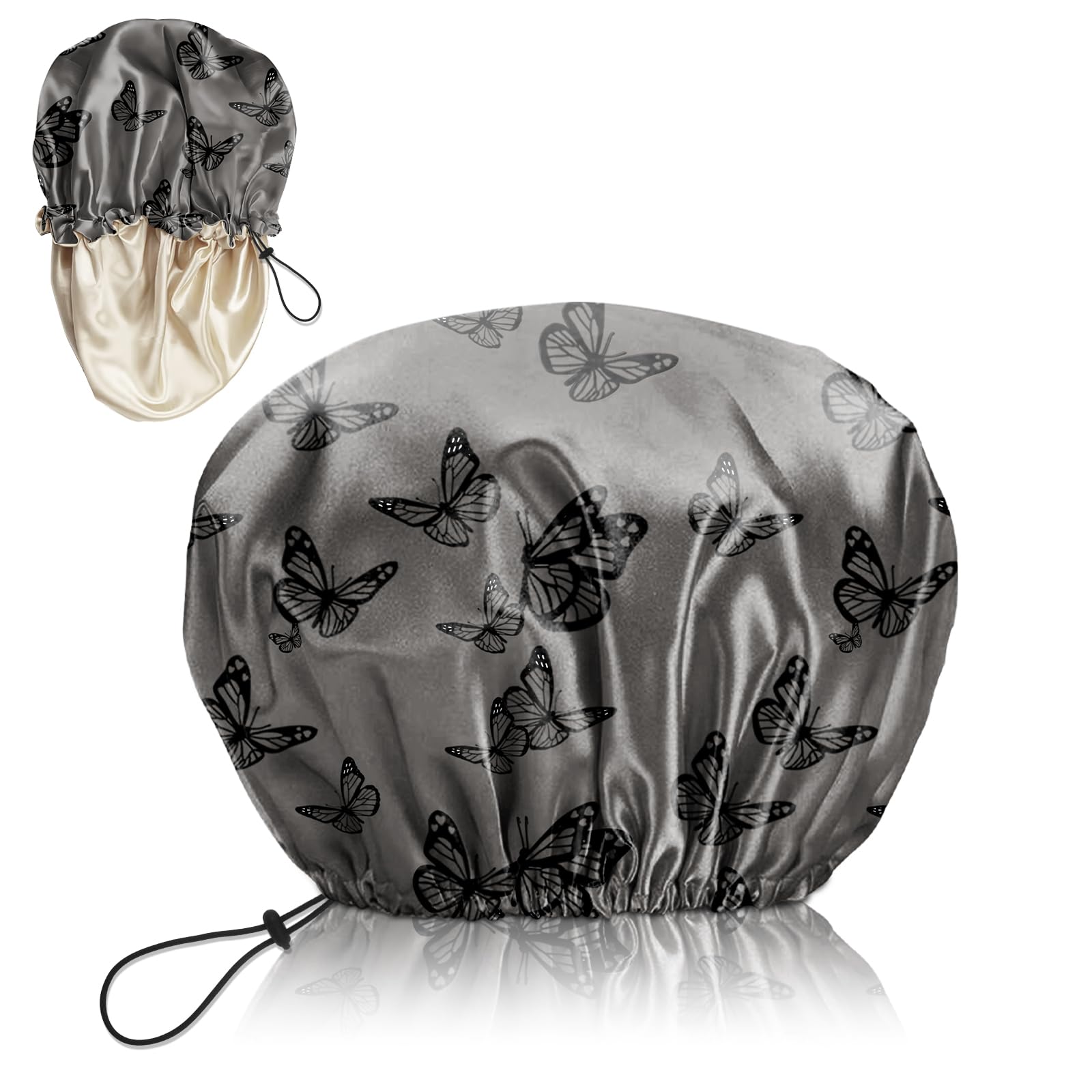 Deokke Duschhaube, mit Seidenfutter, doppelschichtigem Material, wasserdicht, wiederverwendbar, elastisch, verstellbar, niedlichem Design für Damen (G5-Schmetterling)