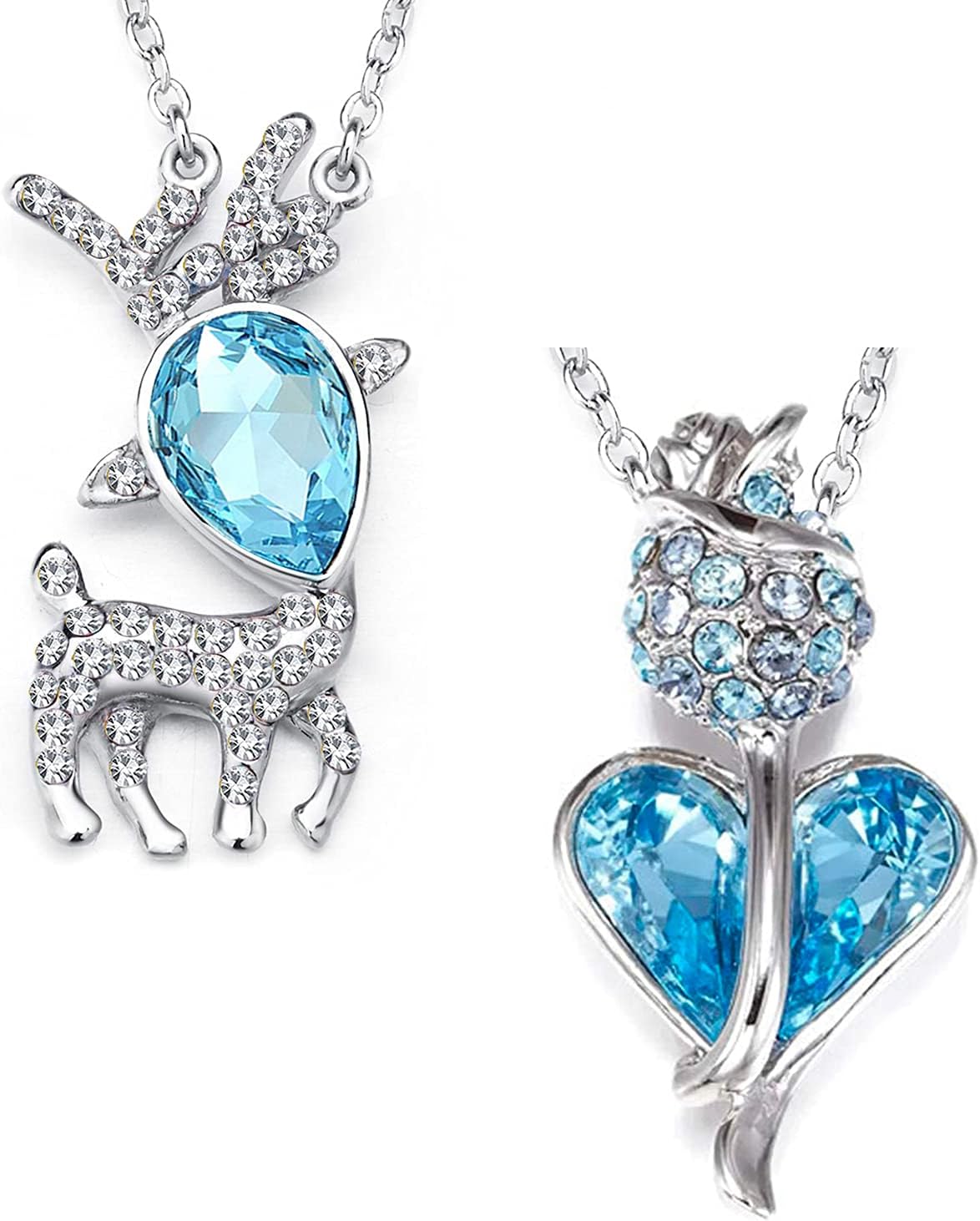 Rhodium Plated Crystal Jewellery Combo Of 2 Reindeer And Heart Alloy Pendant With Blue Crystals With Chain For Girls And Women CO1000381