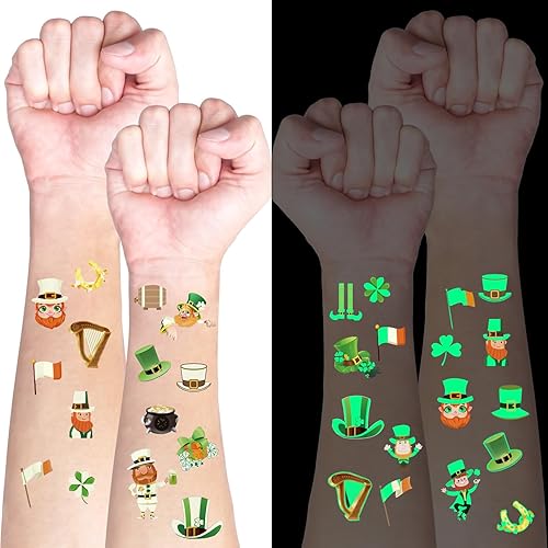 10 hojas de tatuajes luminosos temporales para el día de San Patricio, 180 calcomanías de trébol de trébol irlandés, decoración para el rostro,