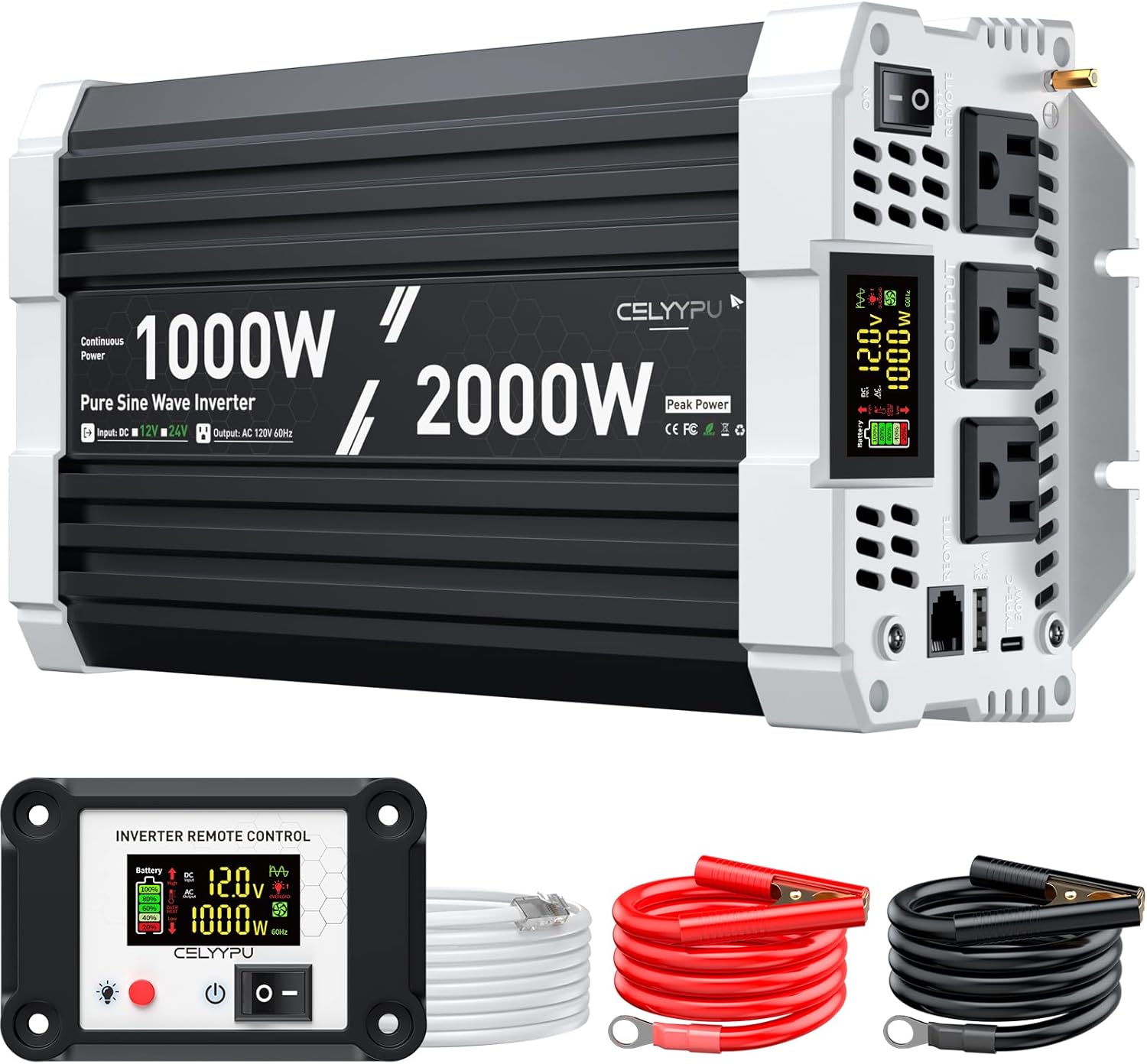 1000 watt Pure sine Wave Inverter, 12V DC to 110V AC Energy Inverter, Used for Photo voltaic Emergency Energy Provide in RV Houses, with 3 AC Output sockets, USB Port, Kind-C Port, Distant Management with LCD Display screen