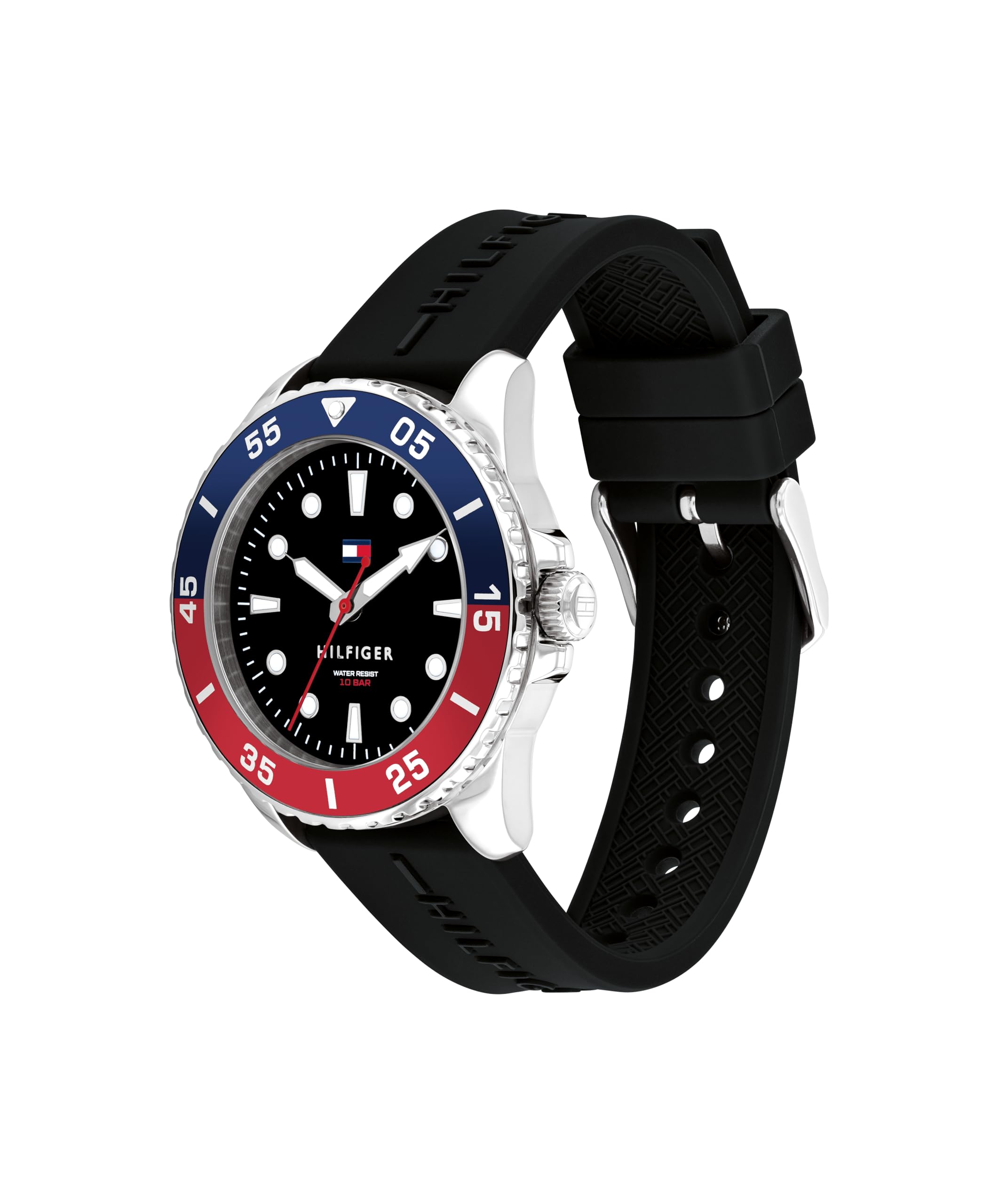 Tommy Hilfiger Młodzieżowy zegarek kwarcowy z trzema wskazówkami z paskiem ze stali nierdzewnej lub silikonowym, Czarny (Black), ciągnąć
