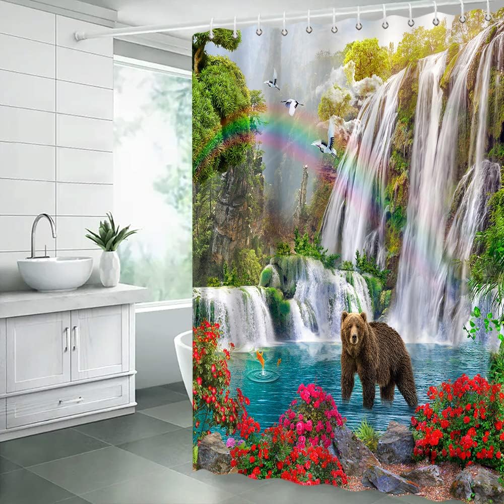 Waterfall Shower Curtain Cabin Bear Tropical Rainforest Wildlife Bear Jungle Flower Bird Plants Rainbow Nature Scenery Landscape Fabric Bathroom Decor Curtain with Hooks