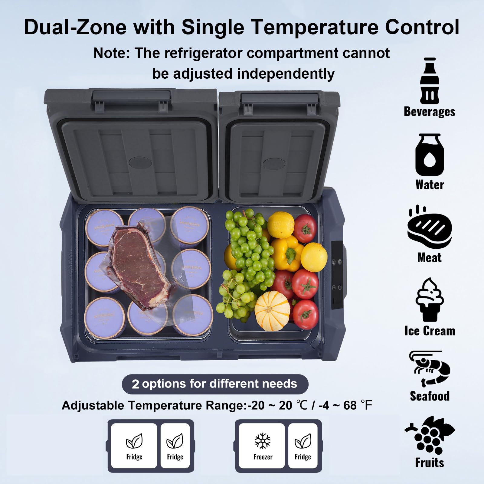 VEVOR Frigorifero per Auto, Congelatore Portatile Doppia Zona 25 L, 12 Volt, Gamma Regolabile da -20~20 ℃, Dispositivo di Raffreddamento a Compressore 12/24 V CC e 100-240 V CA per Campeggio Camper