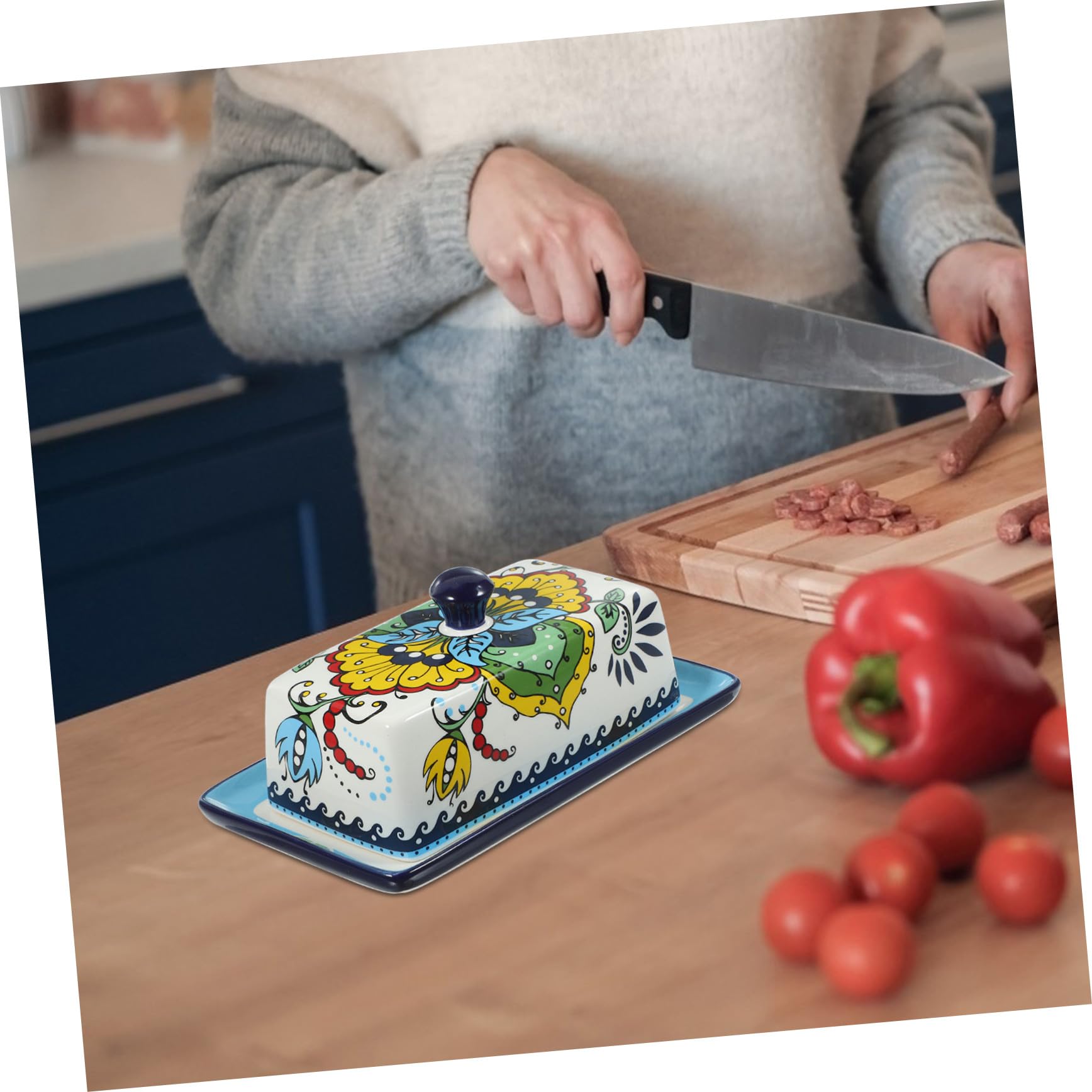 Beurrier Bleu en Céramique Style Européen avec Couvercle pour Table