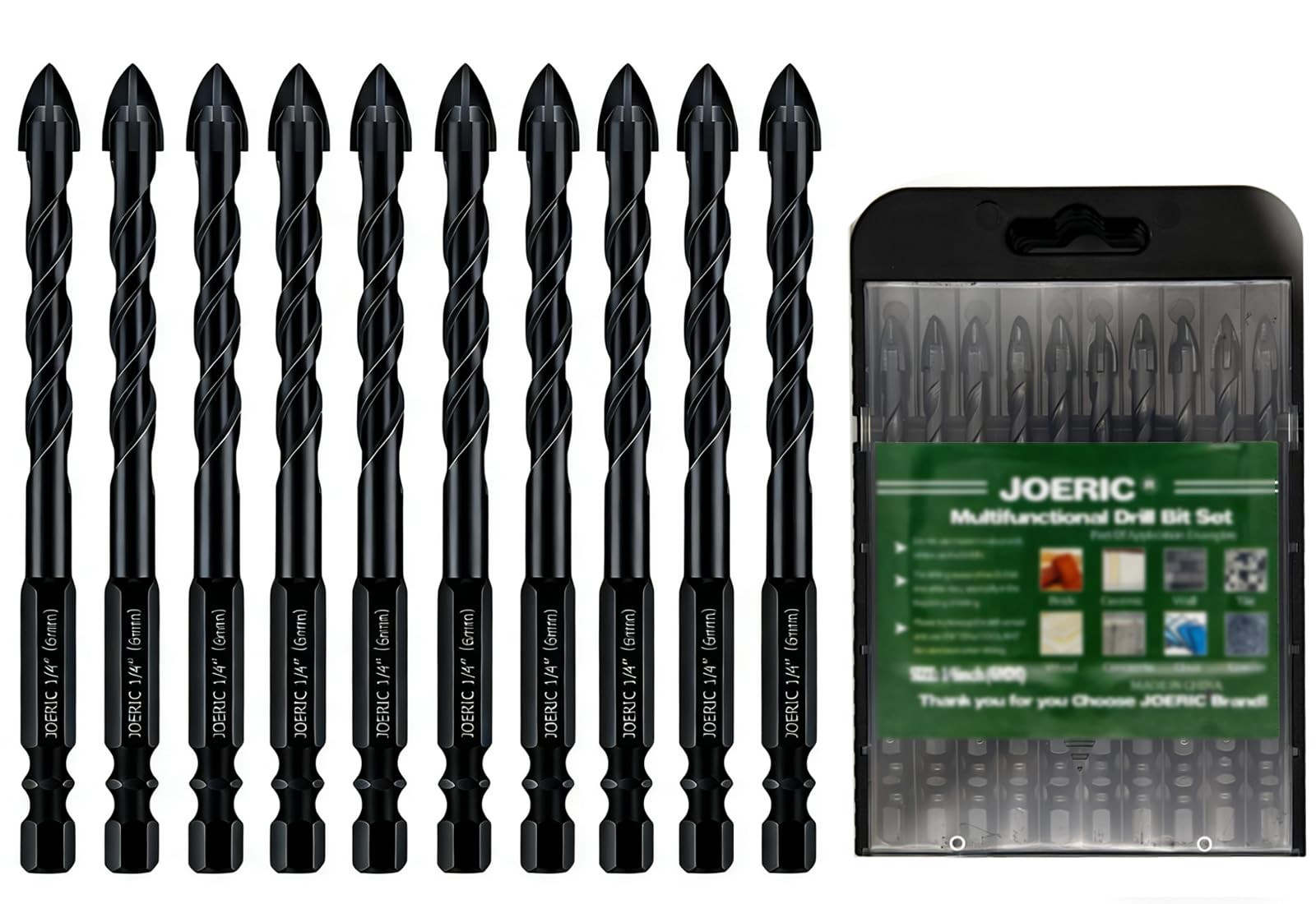 JOERIC Black 6mm Masonry Drill Bit Set 10PC 1/4” Concrete Drill Bit Set Ceramic Brick Drill Bit Industrial Cemented Carbide Tip YG6X, Hex Shank for