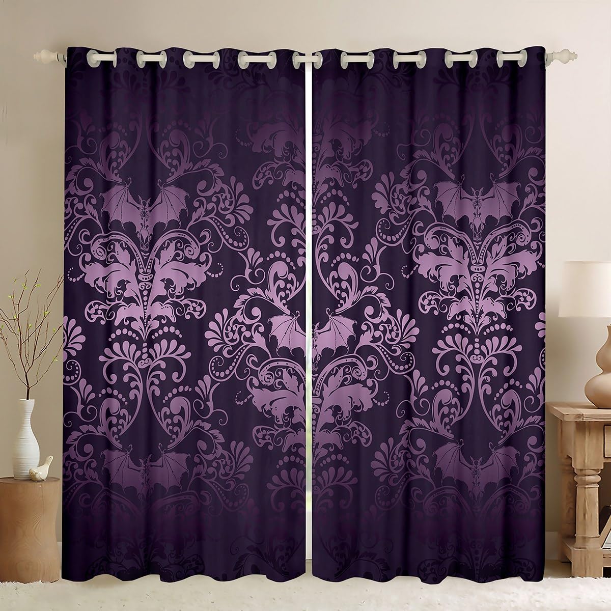 Homewish 30%-50% Blackout Curtains, Antique Victorian 2 Panels 66"Wx90"L, Vintage Floral Goth Drapes for Bedroom, Bats Sugar Skull Boho Baroque Decor, Purple Lilac
