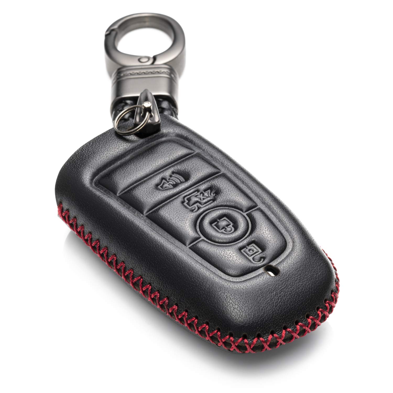 Vitodeco Leather Smart Key Fob Case Compatible with Ford Escape 2023, Bronco 2023, Explorer 2023, Edge 2023, Expedition 2023, F-150, Mustang 2023, F150 2023 and More Models (4-Button, Black/Red)