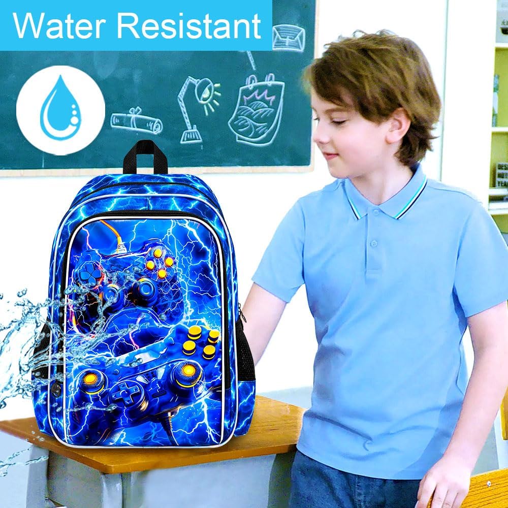 17" Gamer Backpack, Boys Lightning Kids Bookbag with Lunch Box, 3Pcs School Backpacks for Elementary Preschool Kindergarten (Blue) - Image 7
