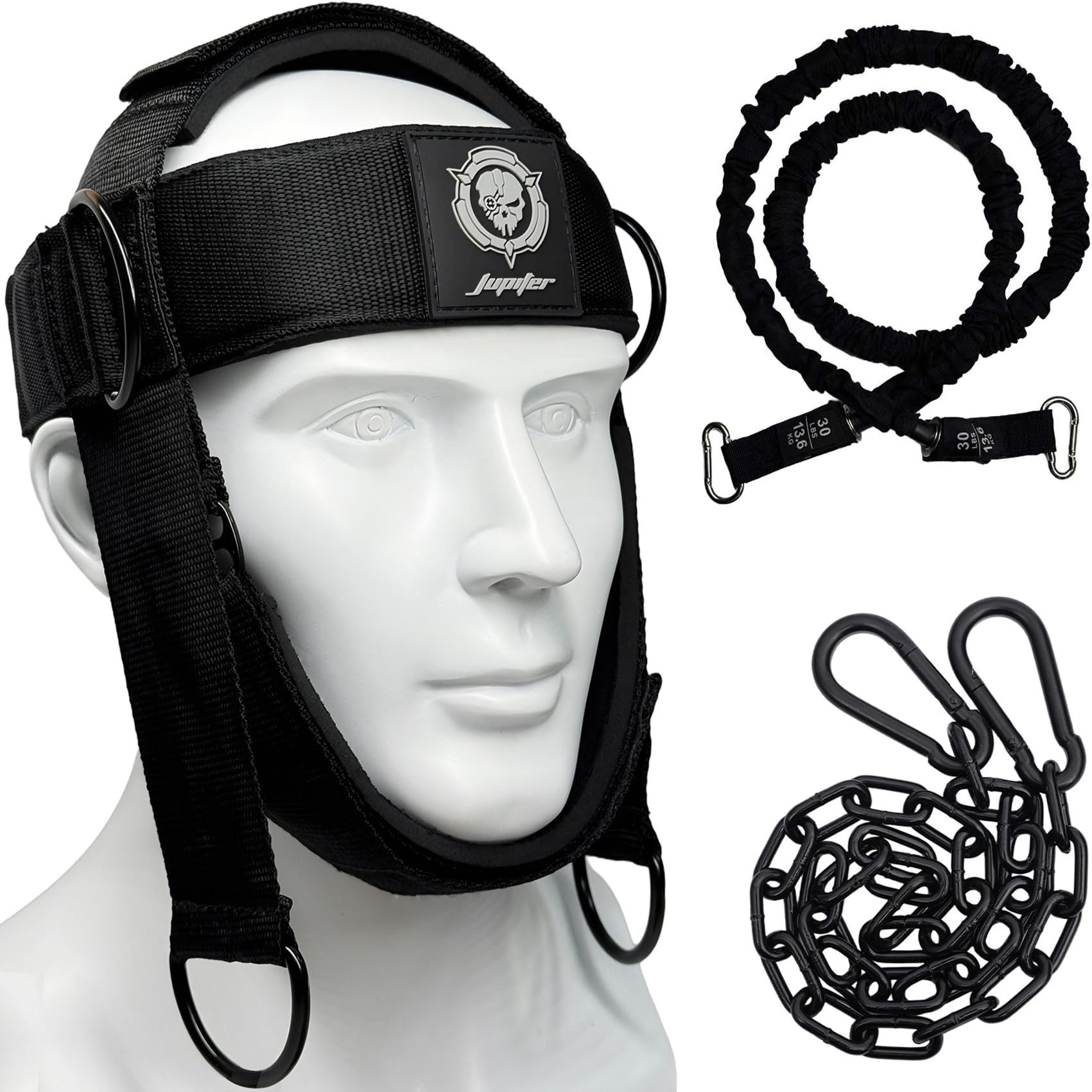 Black Iron Neck Trainer Neck Harness Adjustable Neck Exerciser with 15lb Resistance Band for Core Strength Training