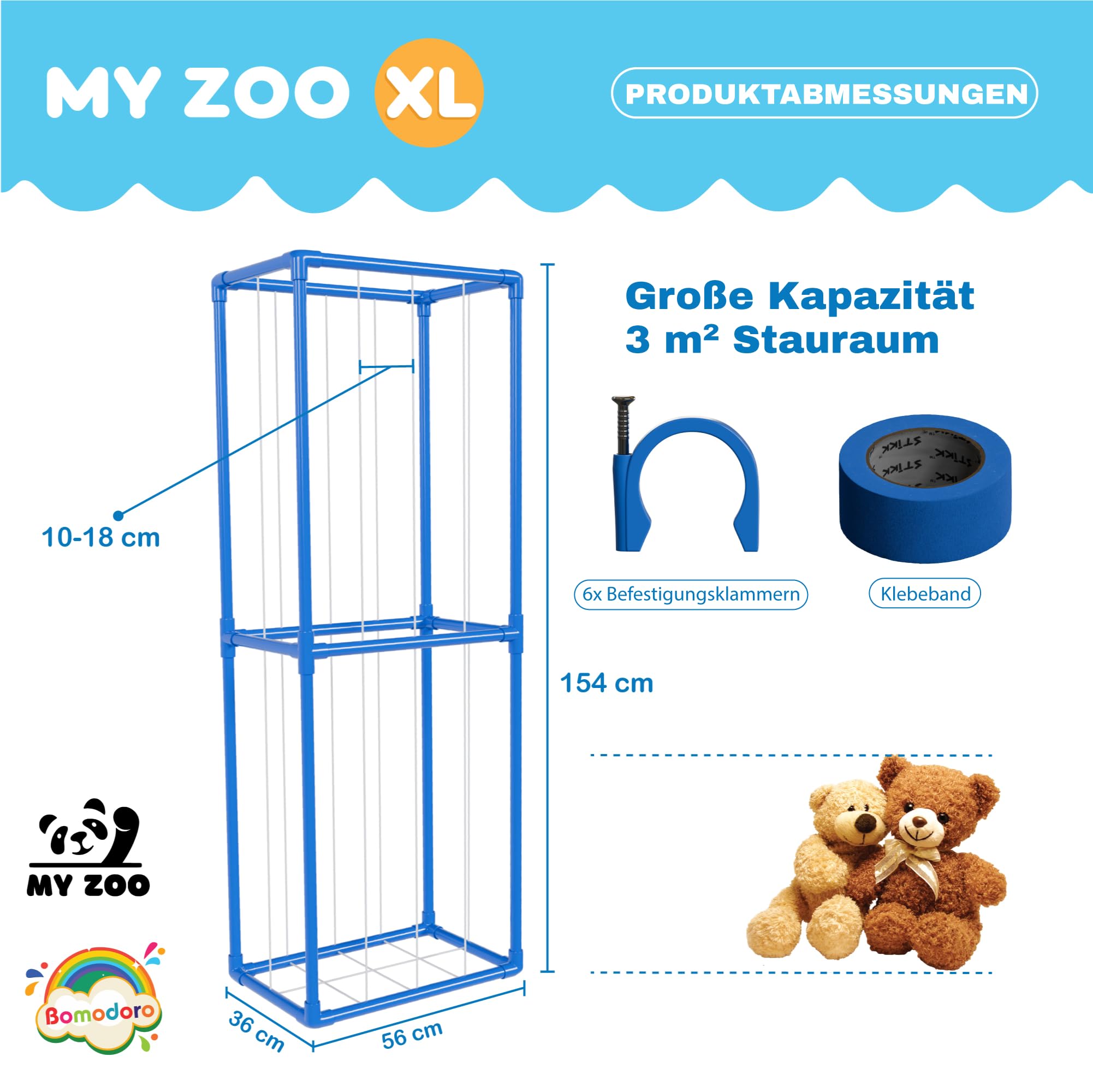 Bomodoro Kuscheltier Aufbewahrung Möbel leicht & mobil, platzsparend im Kinderzimmer, dekorative Einrichtung, schnell montierbar, geeignet für 