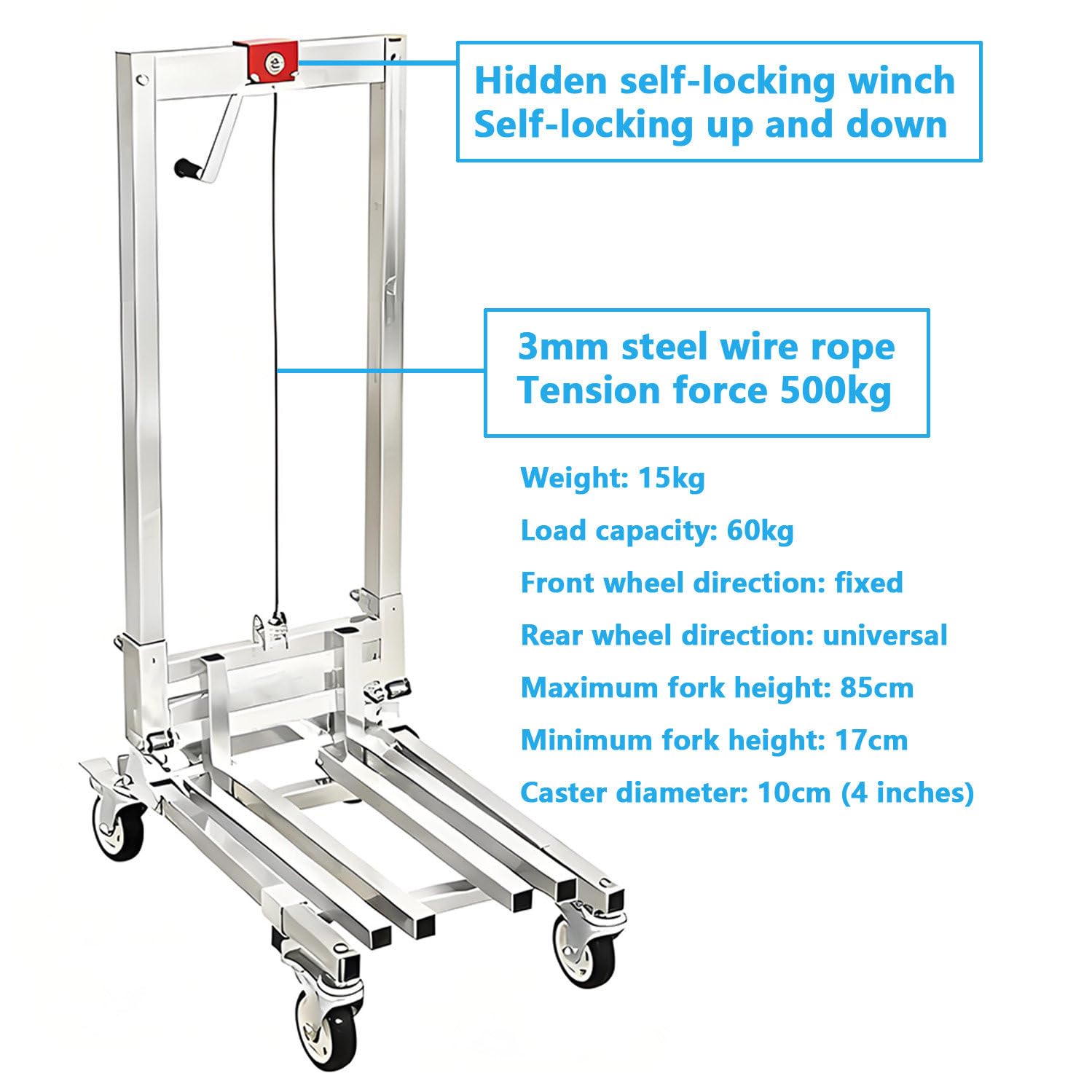 Apilador de carretilla elevadora manual con capacidad de carga de 60 kg, altura de elevación de 17-85 cm, diseño plegable ligero para mudanzas de almacén y oficina