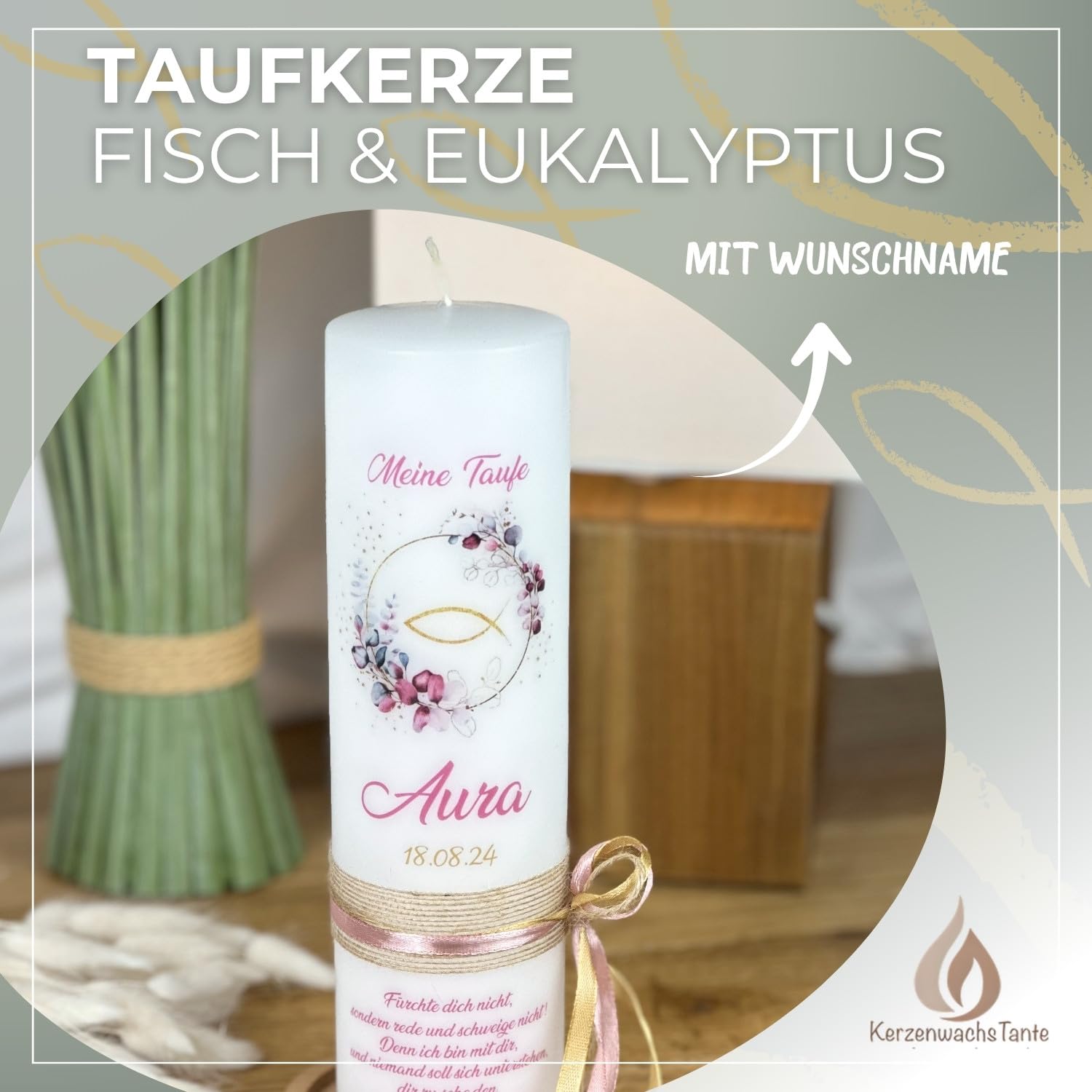Taufkerze Kommunionkerze Eukalyptus Fisch 25x8cm – Wunschname Personalisierbar – Geschenk zur Taufe für Jungen & Mädchen – Handarbeit mit Schleife – salbei rosa gold