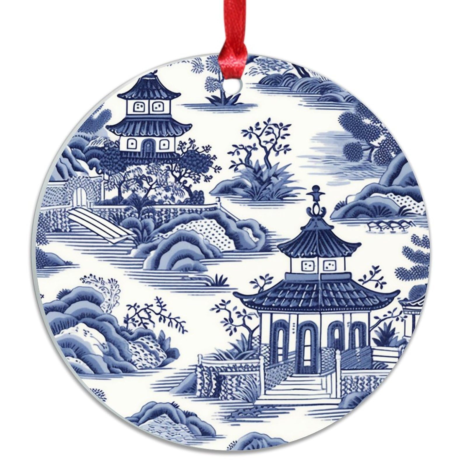 Nanjing Blue and White Pagoda Ornaments for Christmas Tree Chinoiserie Garden Asian Pagoda Acrylic Christmas Ornaments Oriental Toile Chinoiserie Christmas Tree Decorations 3in