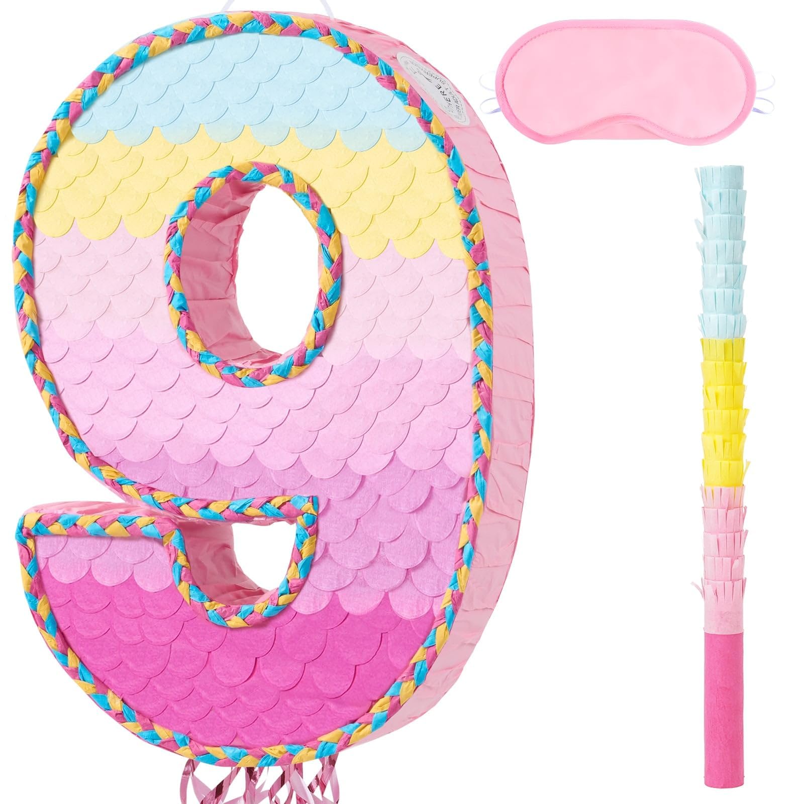 WERNNSAI Number 9 Pinata - Pink 9th Birthday Party Decorations 9 Birthday Pinata with Stick Blindfold Pull Strings for 9th Anniversary Party Decorations Carnival Supplies — image 1