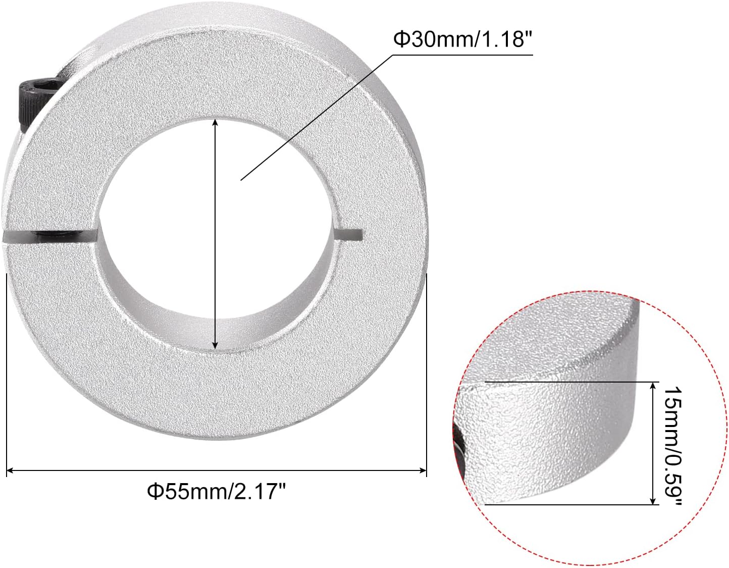 MECCANIXITY Shaft Collar 1.18 Inch Bore Single Split Aluminum Clamping Collar Shaft Collars with Set Screw Silver Tone 2 Pack