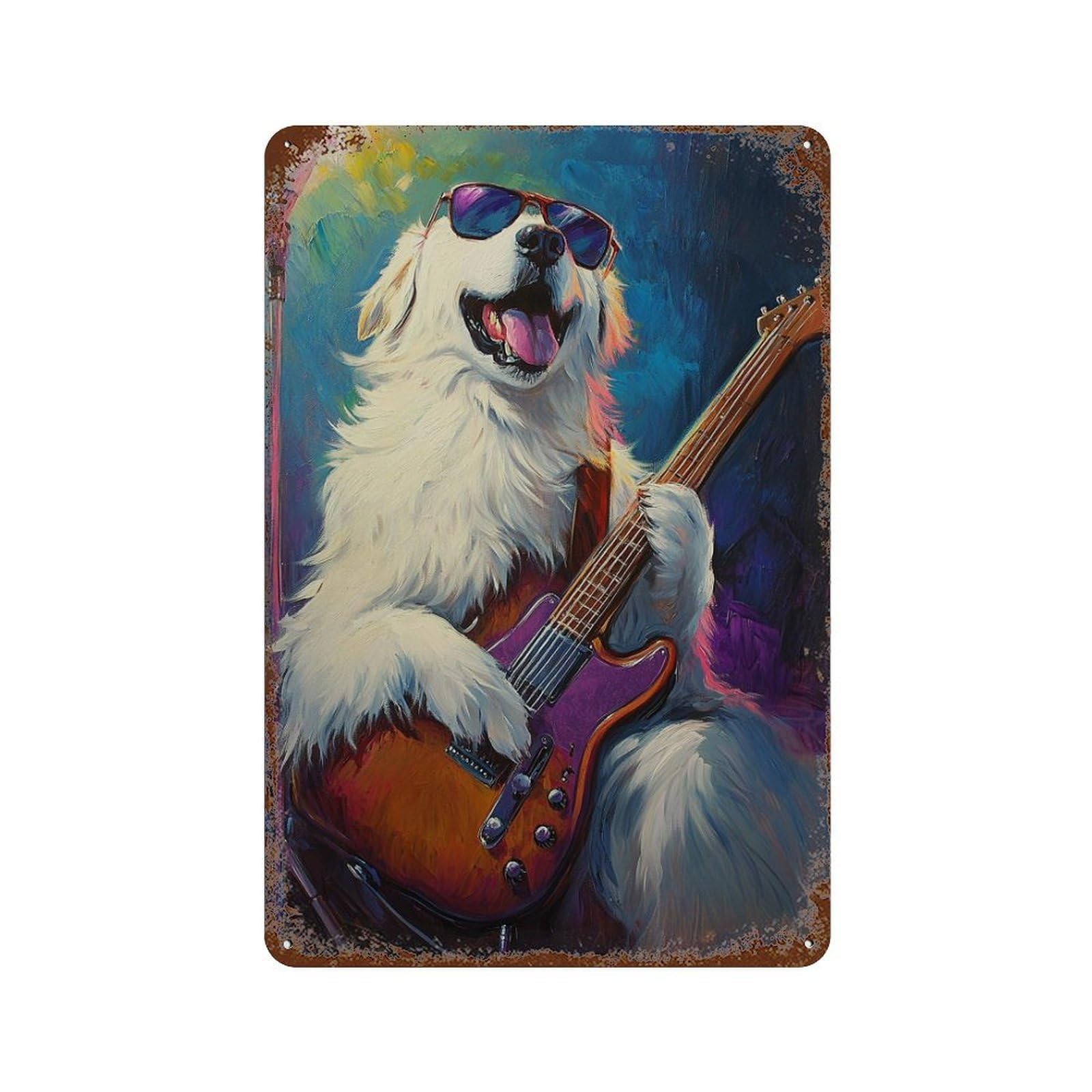 Rock Star Pup with Guitar -3 11.8"x7.9" Distressed Metal Wall Sign, Retro Wall Decor for Garage, Bar And Workshop Decor