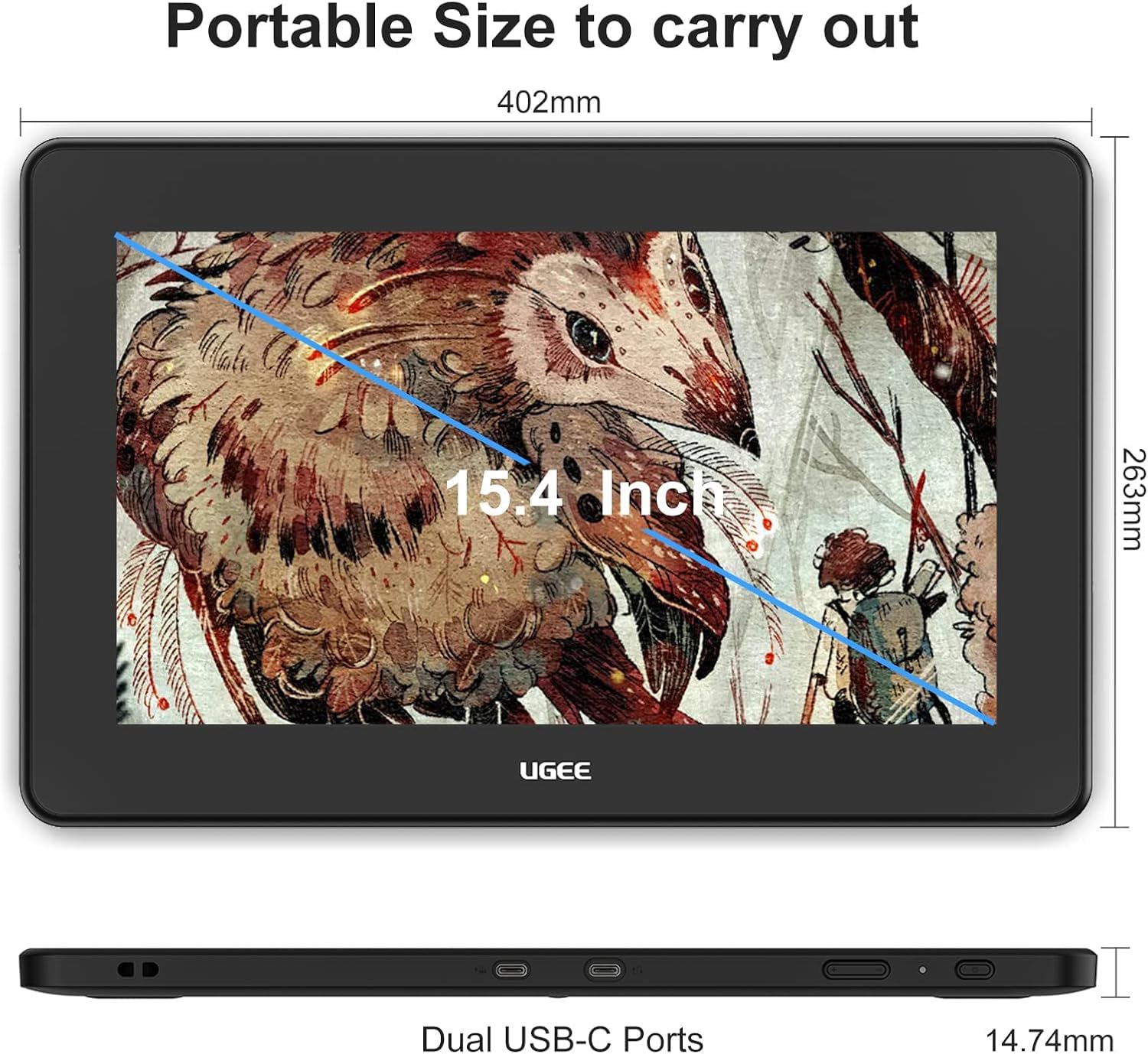 UGEE U1600 FHD-Zeichenmonitor-Tablet mit 15,4''-Bildschirm, voll