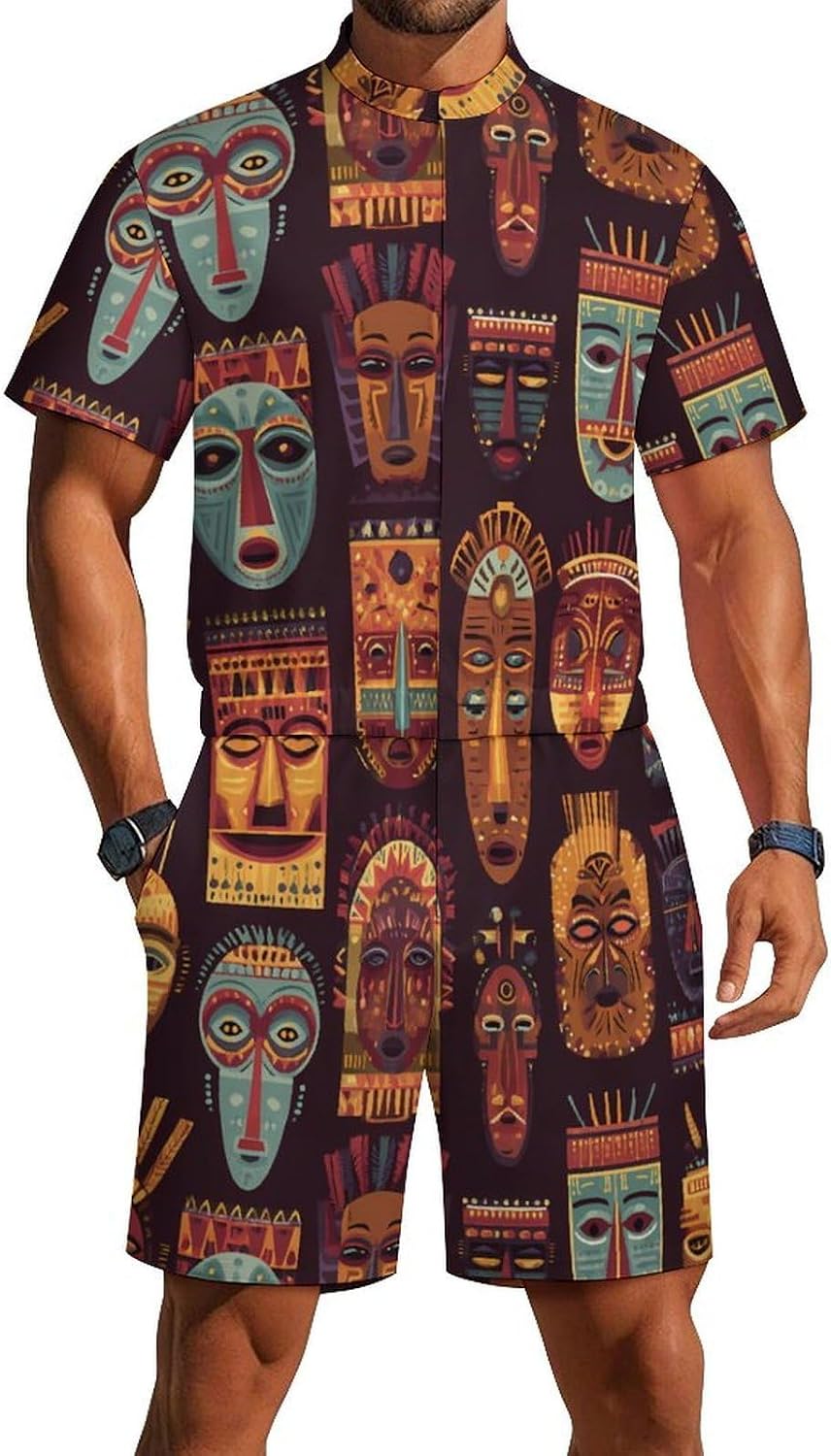 African Masks Pattern Novelty Men's Short Sleeve Romper Zipper Slim Fit Jumpsuit with Pockets