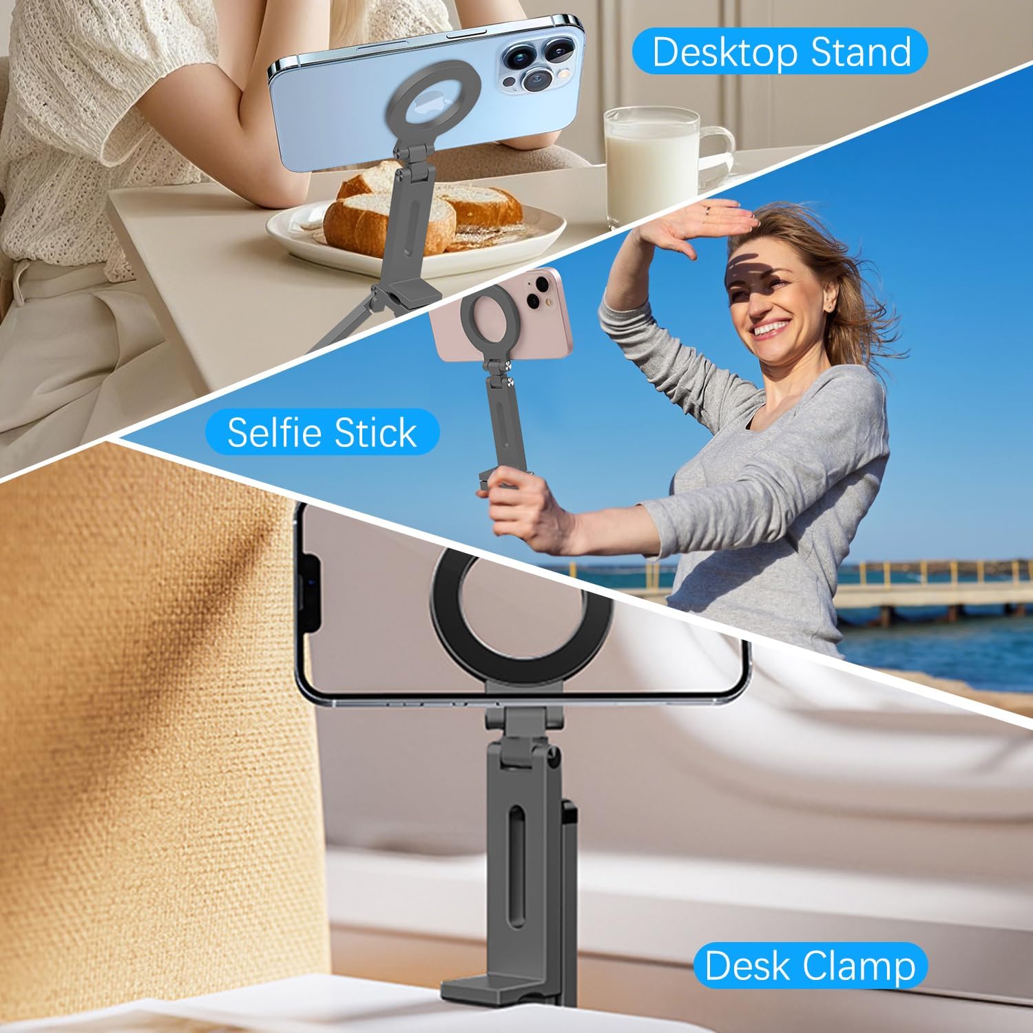Magnetic Phone Tripod Stand,Tripods Mount Foldable,Magnetic Tripod Selfie Stick,Upgrade Mini Cell Phone Tripods Mount Handle Smartphone Desk Stand for Video Recording Travel,PhoneStand (Gray)