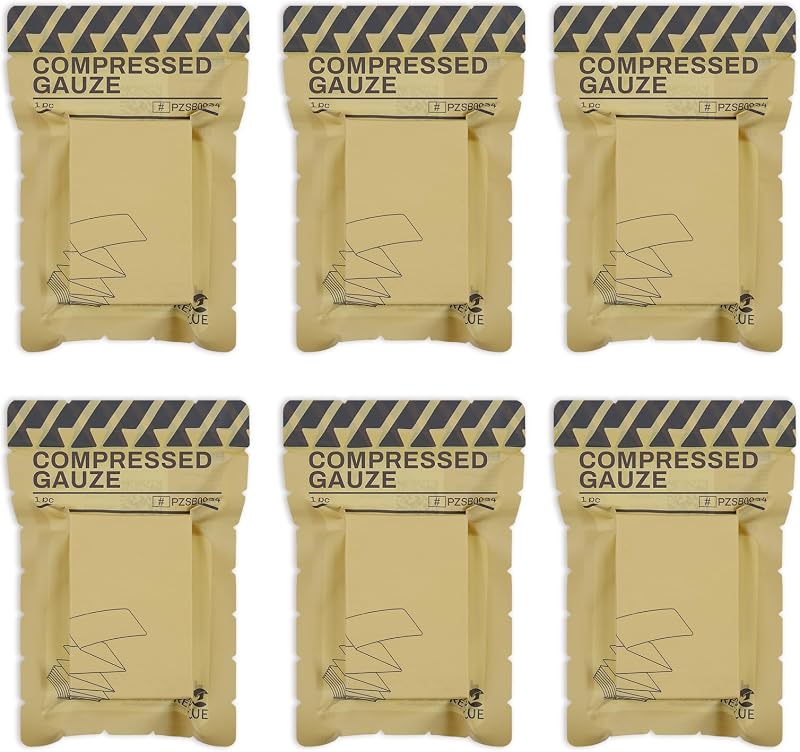 Sterile Compressed Gauze for Emergency Wound Dressing, 6PC | Ultra Compact Compressed, High Absorbency, Portable Lightweight, Trauma First Aid Supplies, Quick-Peel Easy Opening