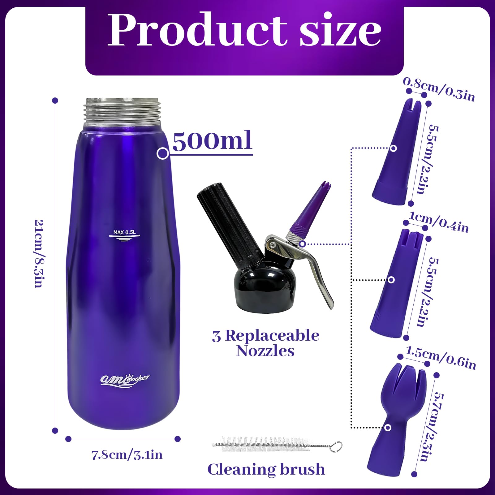Sahnespender, Sahnesyphon, Sahnespender 500ml, Espuma Flasche, Schlagsahnebereiter Sprühsahne Sahnekapseln Sahnesiphon inkl. 3 Garniertüllen 1 Reinigungbürste, Sahnespender für Sahne,Dessert Herzhafte