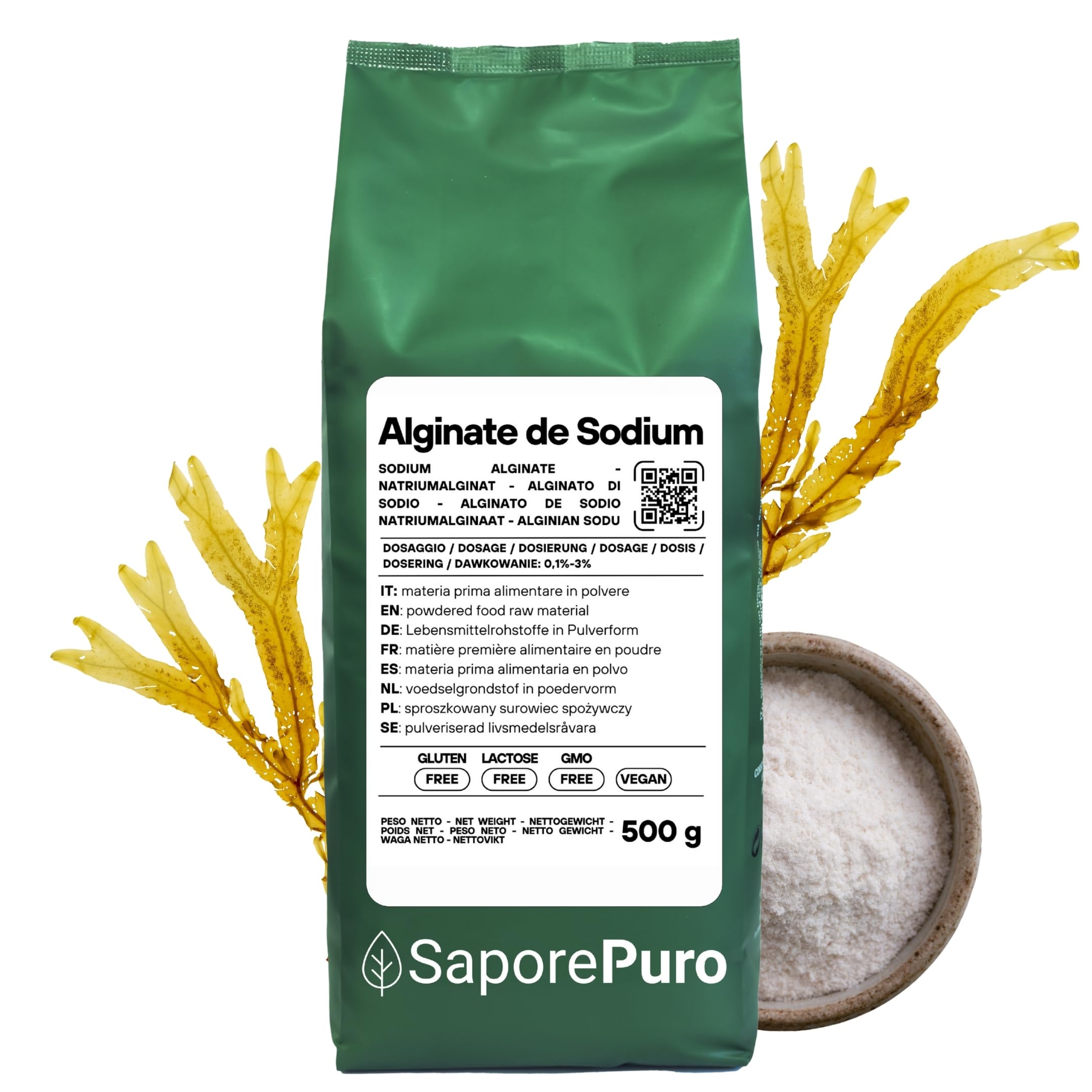 SaporePuro Alginate de Sodium en poudre 500 g – Épaississant, Gélifiant et Stabilisant Alimentaire – Idéal pour la Cuisine Moléculaire – Sans Gluten