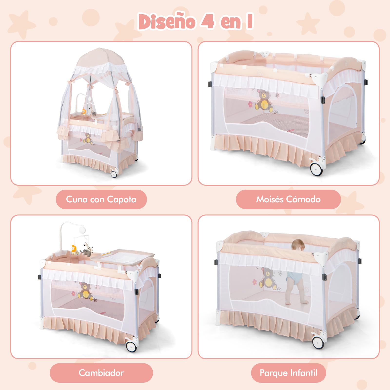 COSTWAY 4 en 1 Cuna Portátil, Moisés Convertible con Cambiador Desmontable, Cama Cuna Plegable con Red Desmontable y Ruedas Bloqueables, Caja de Música y Juguetes Giratorios,Bolsa de Transporte (Rosa)