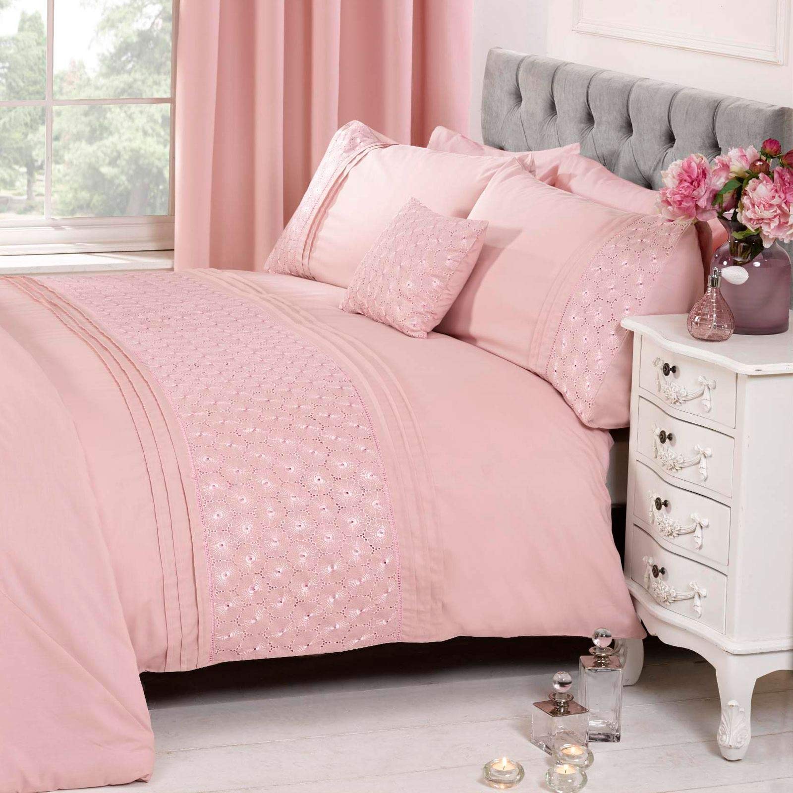 Rapport Home Floral Super King Quilt Duvet Cover & 2 Pillowcase Bed Set Embroidered Pink