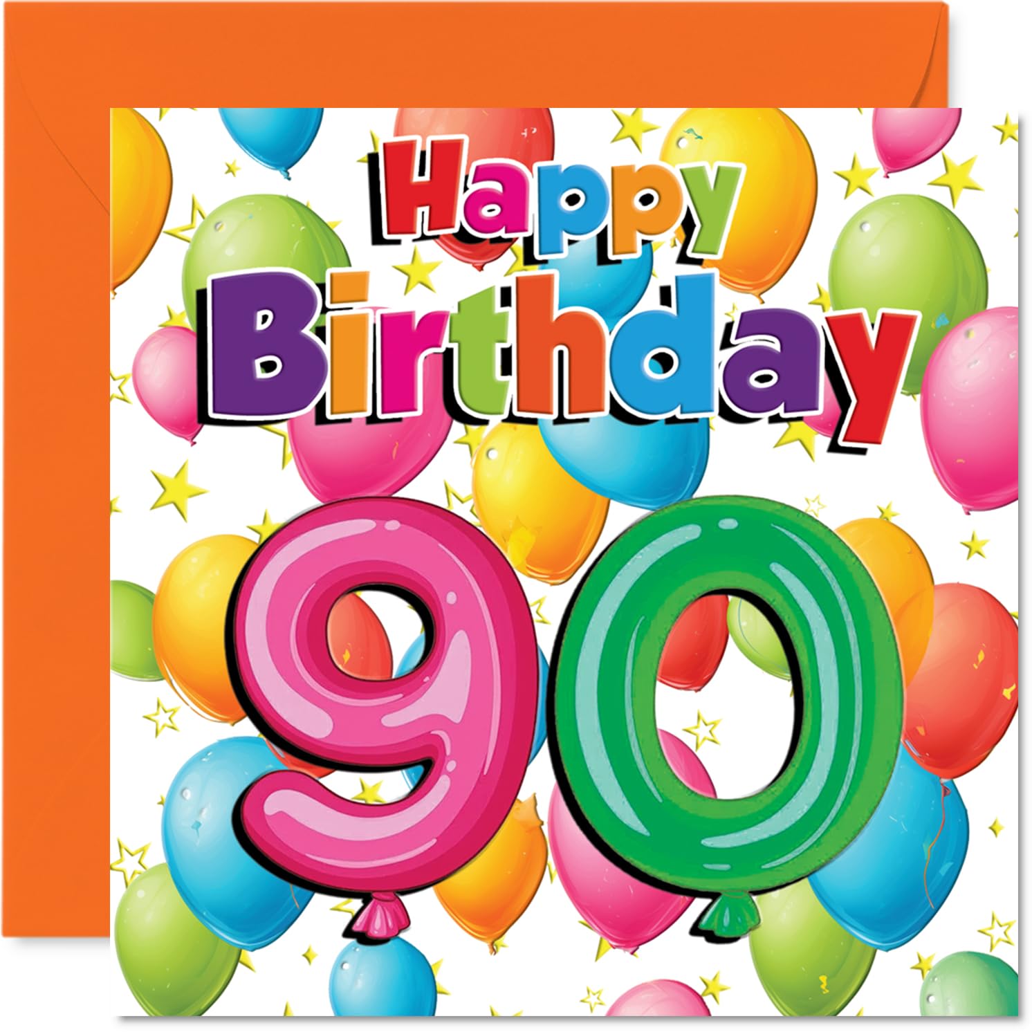 Milestone 90th Birthday Card - Bright and Bubbly Celebration - Colourful Balloons and Stars Mark a Fabulous 90th - 145mm Square, Envelope Included