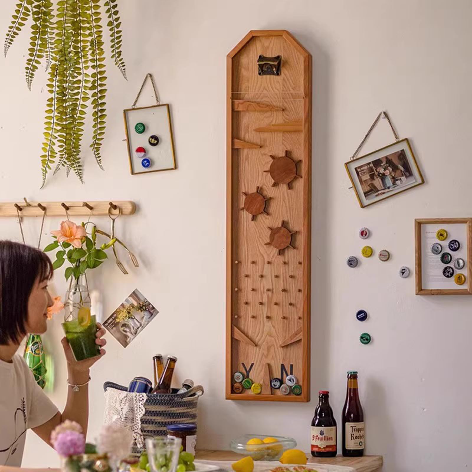 Apribottiglie con Raccogli-Tappi, Gioco Rustico in Legno per Raccogliere Tappi di Birra E Soda, Divertente Apribottiglie da Parete, Decorazione per Bar E Soggiorno