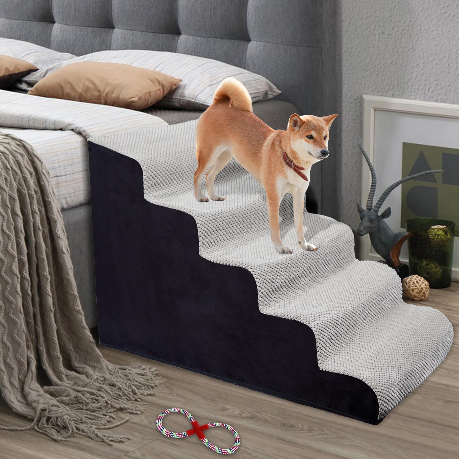 Photo 1 of LitaiL High Density Foam Dog Steps, Extra Wide 5 Tiers 24.4 Inch Pet Stairs, Dog Ramp for Bed, Soft Foam Dog Ladder for Older Dogs/Cats, Injured Pets with Joint Pain Extra Wider 5 Steps(24.4" High for High Bed) Grey Fleece