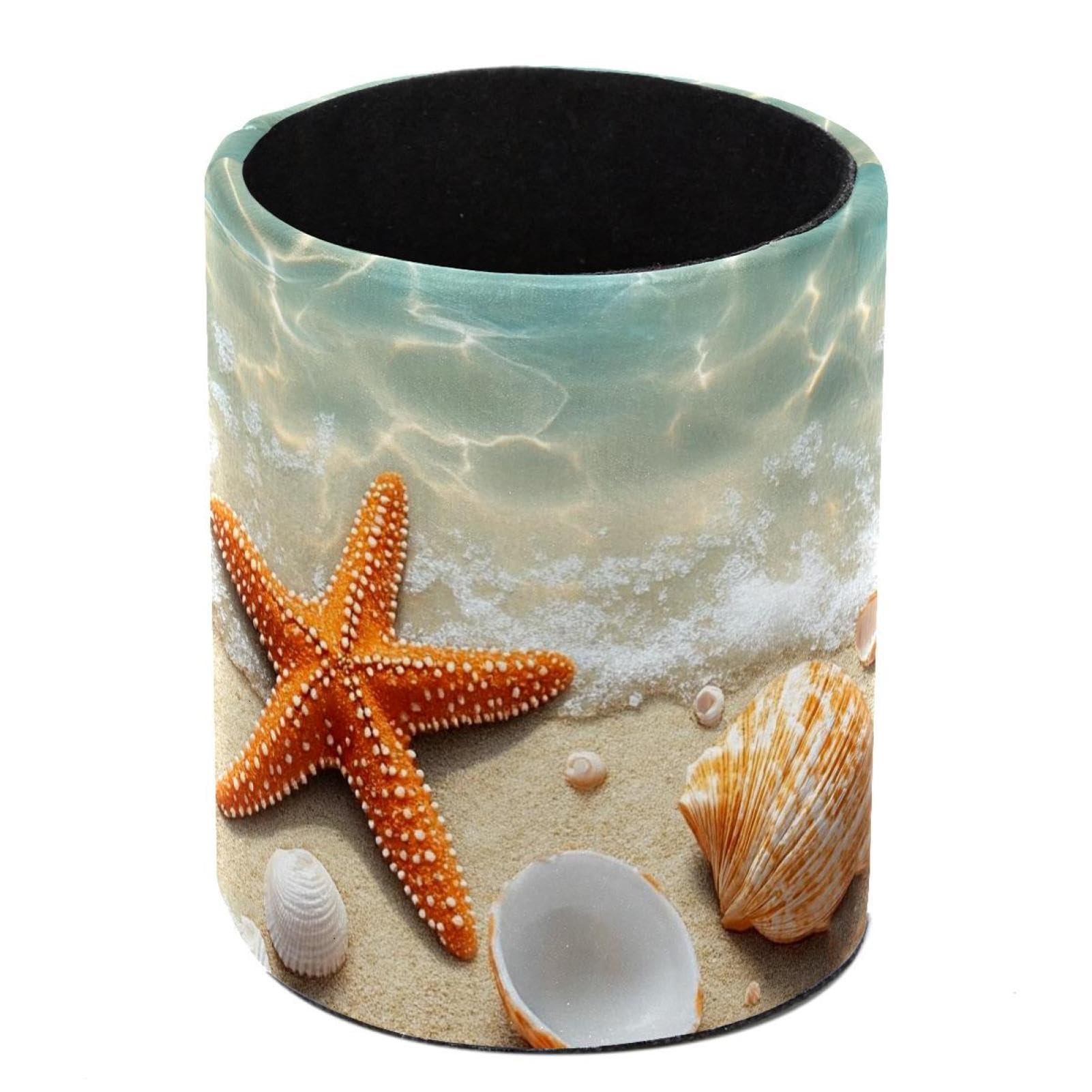 HEOEH Starfish Seashells Pen Holder for Desk, PU Leather Pencil Holder Pen Cup Marker Holder Makeup Brush Holders, Desk Accessories & Workspace Organizers for Home, Office