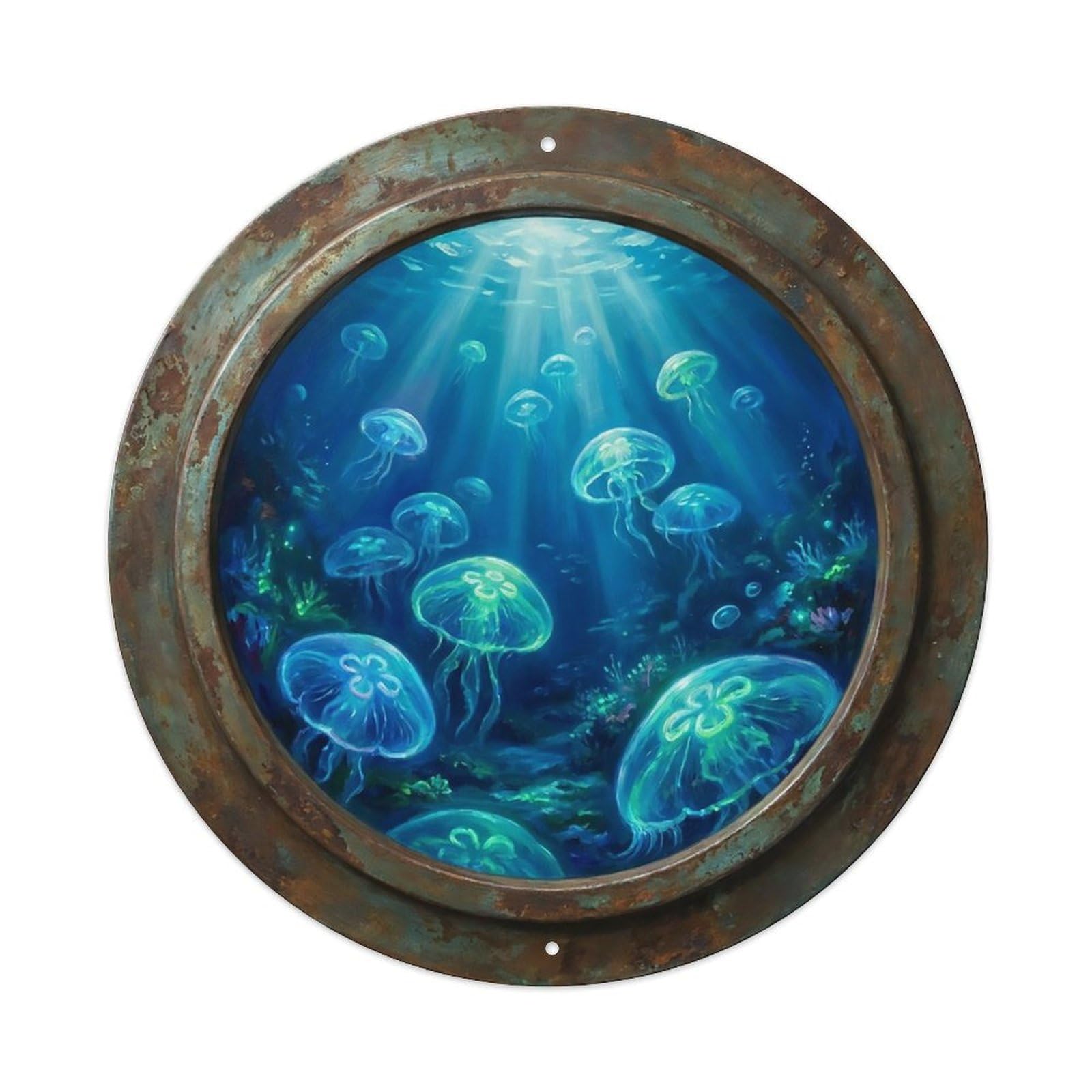 Vintage Porthole Moon Jellyfish Glow Ship Window Undersea Deep Sea Metal Tin Sign
