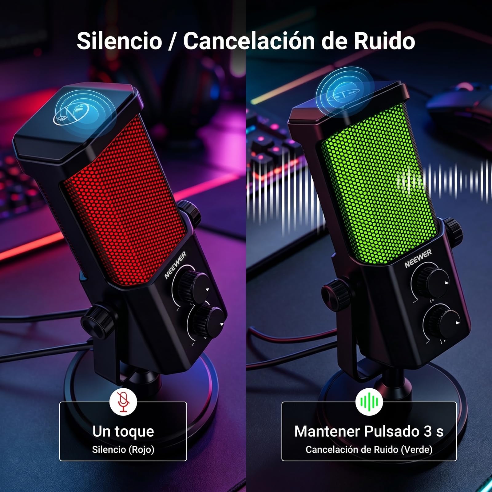 NEEWER UM01 Micrófono USB AI Cancelación Ruido,Mic Condensador Cardioide RGB Plug & Play Mic Mute/Sync Música/APP Control para Android Windows PC Mac PS4/5 Gaming Grabación Streaming Podcasting Studio