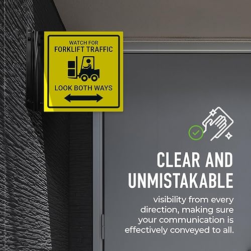 Miniatura 4 de Watch For Forklift Traffic Look Both Ways Projecting Sign, doble cara, 6x6 pulgadas, ACM, con accesorio negro satinado, fabricado en Estados Unidos