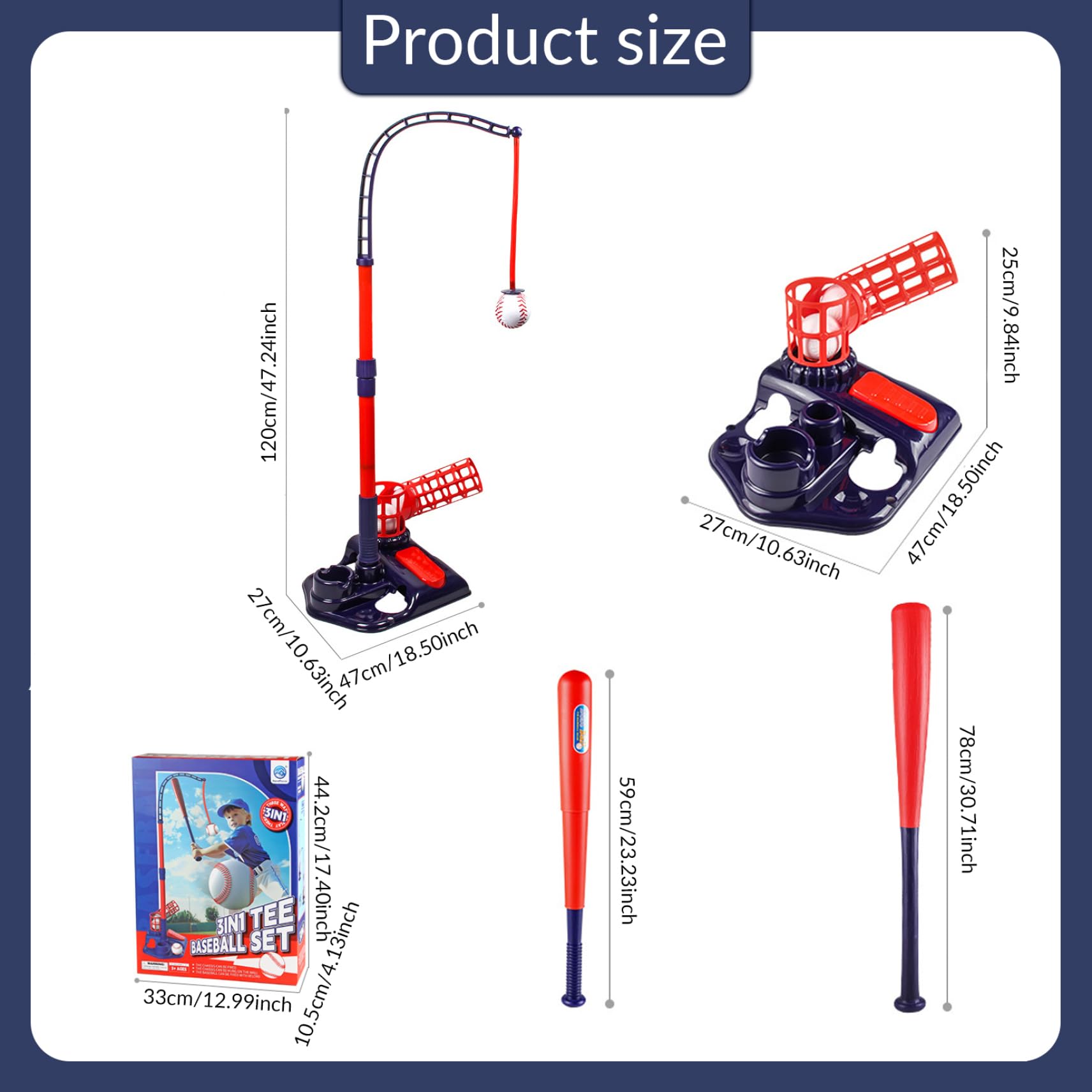 Jorzer Tee Ball Set, 3-en-1 Tee Popper Set avec Machine à tangage, battage de Baseball rétractable au bâton réglable ＆ 4 balles, Popper pour Les Cadeaux pour Enfants