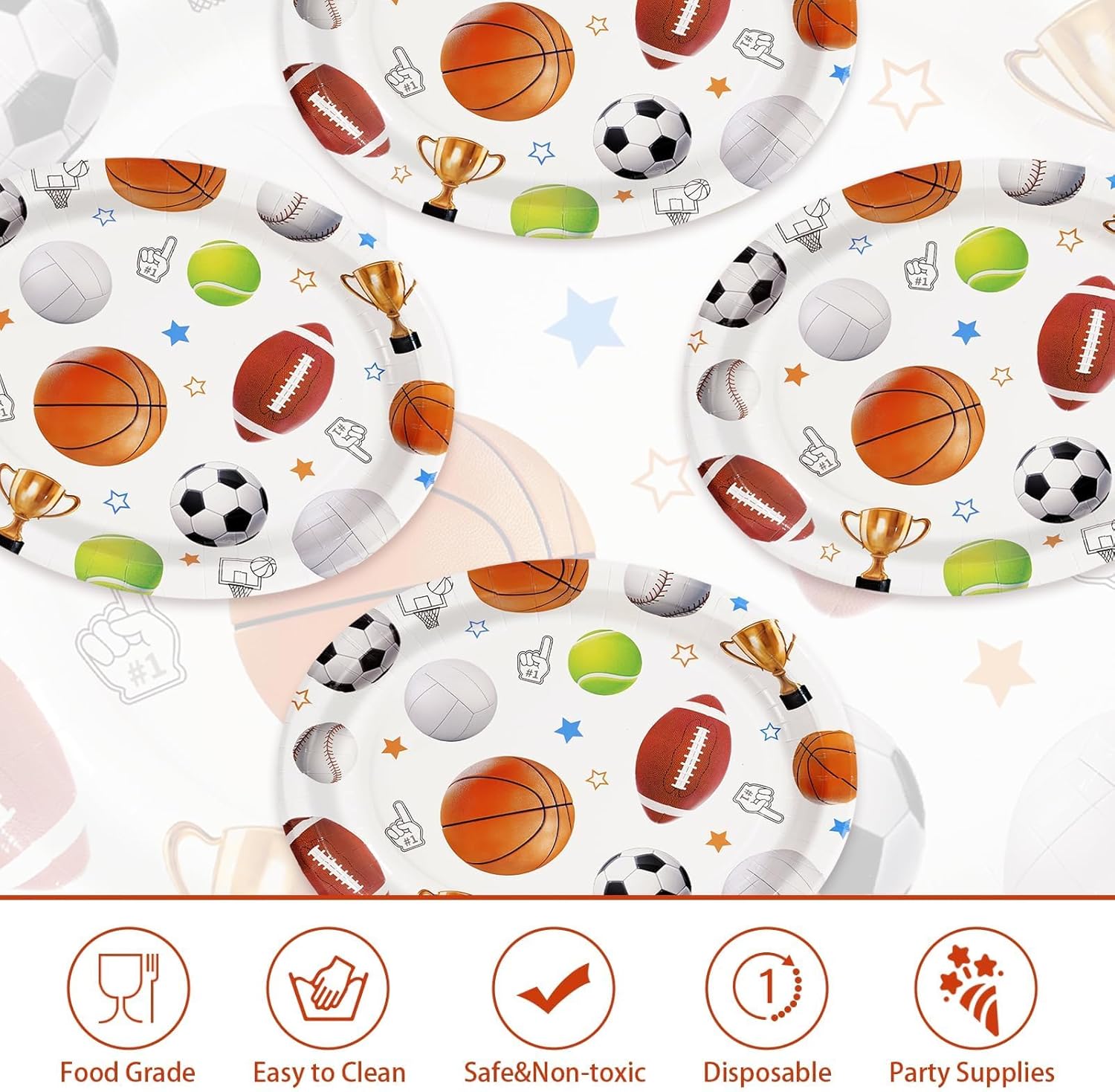 50Pcs Sports Birthday Party Decorations 10” x 12” Sports Theme Party Plates Baseball Football Soccer Basketball Heavy Duty Paper Plates Disposable Tableware for Ball Birthday Decorations