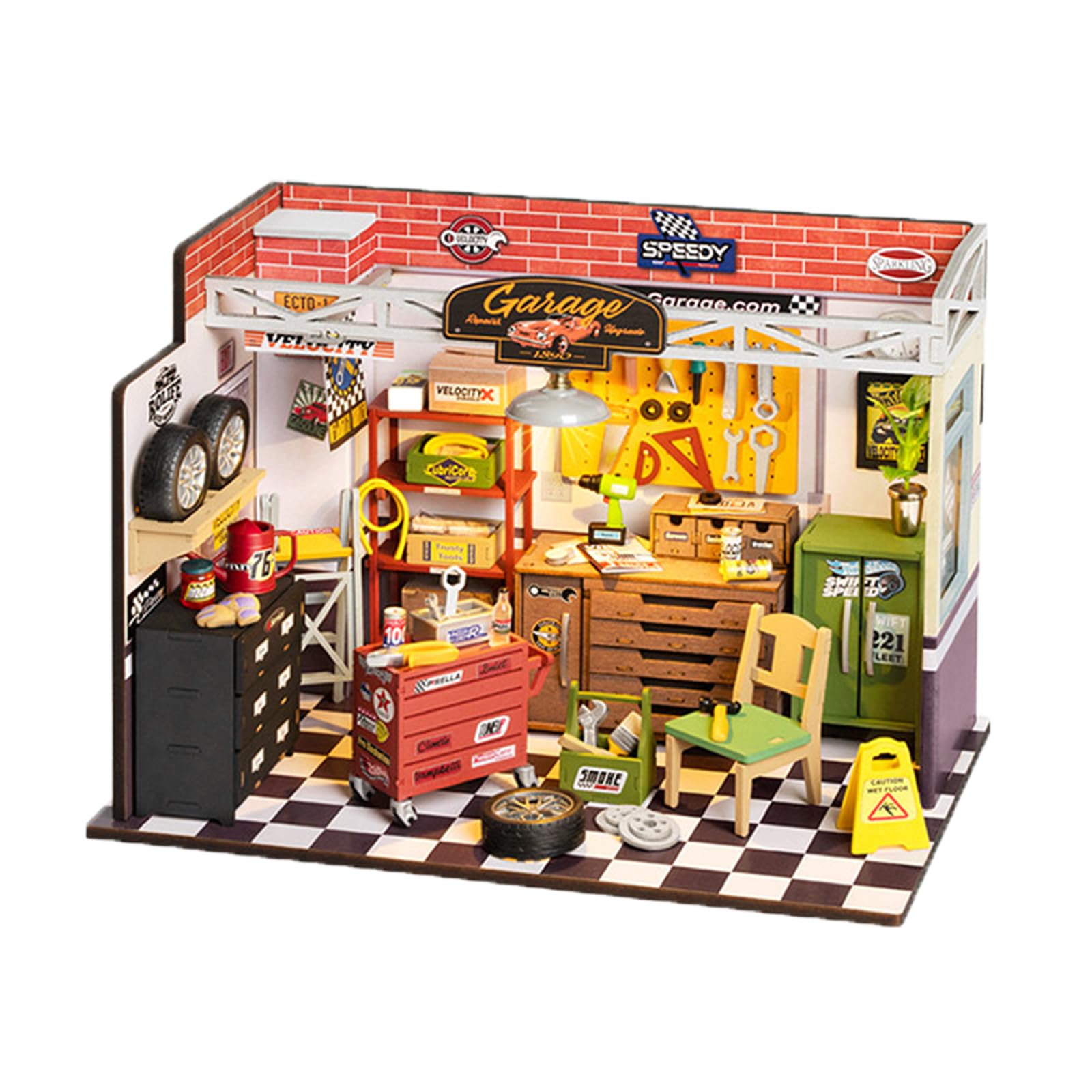 AGFKXO Miniature Dollhouse Kit,Mini House Kit,Traditional Miniature House Kit,Build a House Kit,with LED Lights-Tiny House Crafts for Adults-Birthday Gifts Hobbies for Women and Men,Auto Repair Room