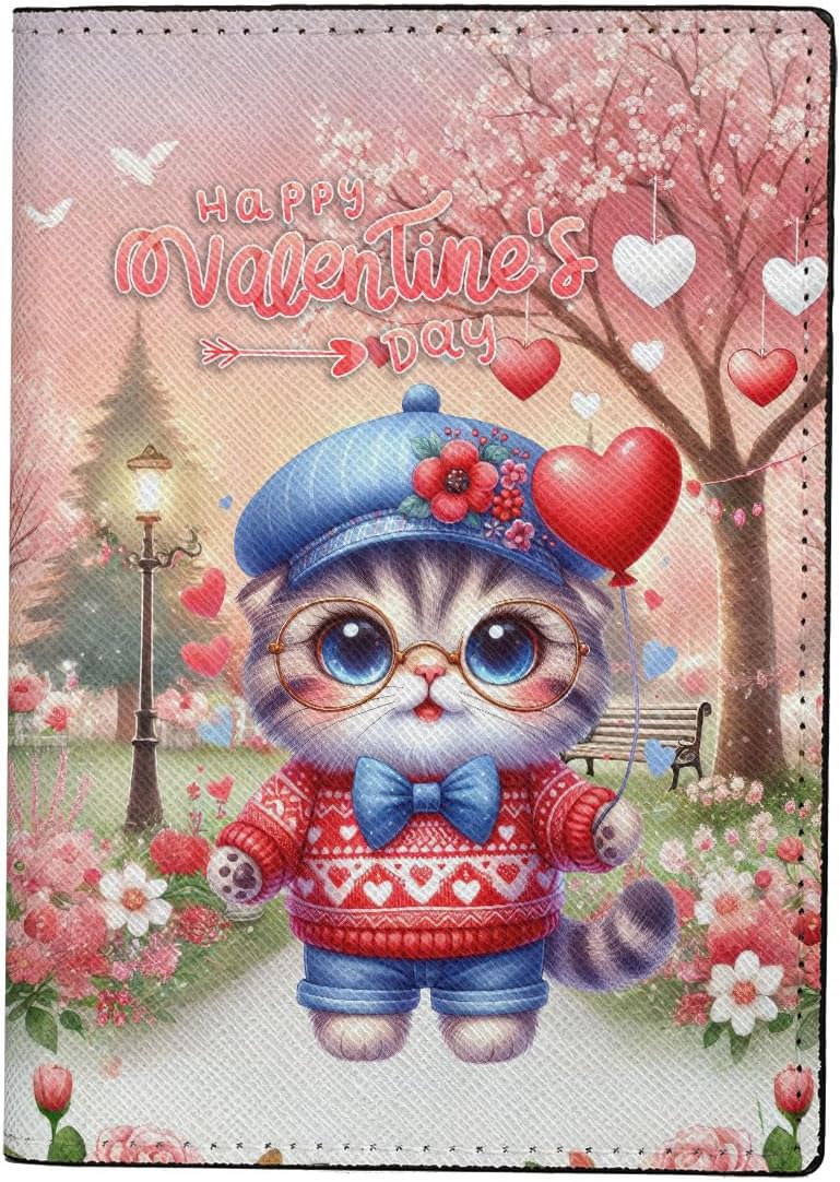 Happy Valentine’s Day Adorable Scottish Fold Kitten Holding Heart Balloon Travel Passport Wallet Cat Lover Kitten Owner Gifts PU Leather Passport Holder Cover - 00030 Scottish Fold - 00030 - Image 1 of 5