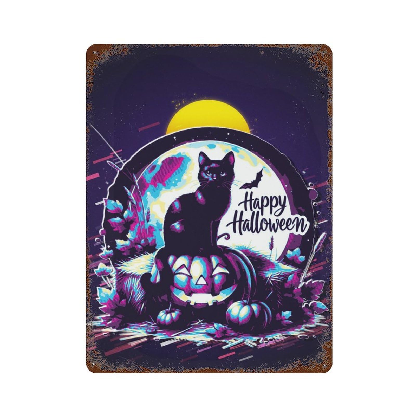 Halloween Cat & Pumpkin Rust Effect Tin Sign 15.7"x11.8", for Bistro, Counter And Cafe Decor, Shabby Chic Decor