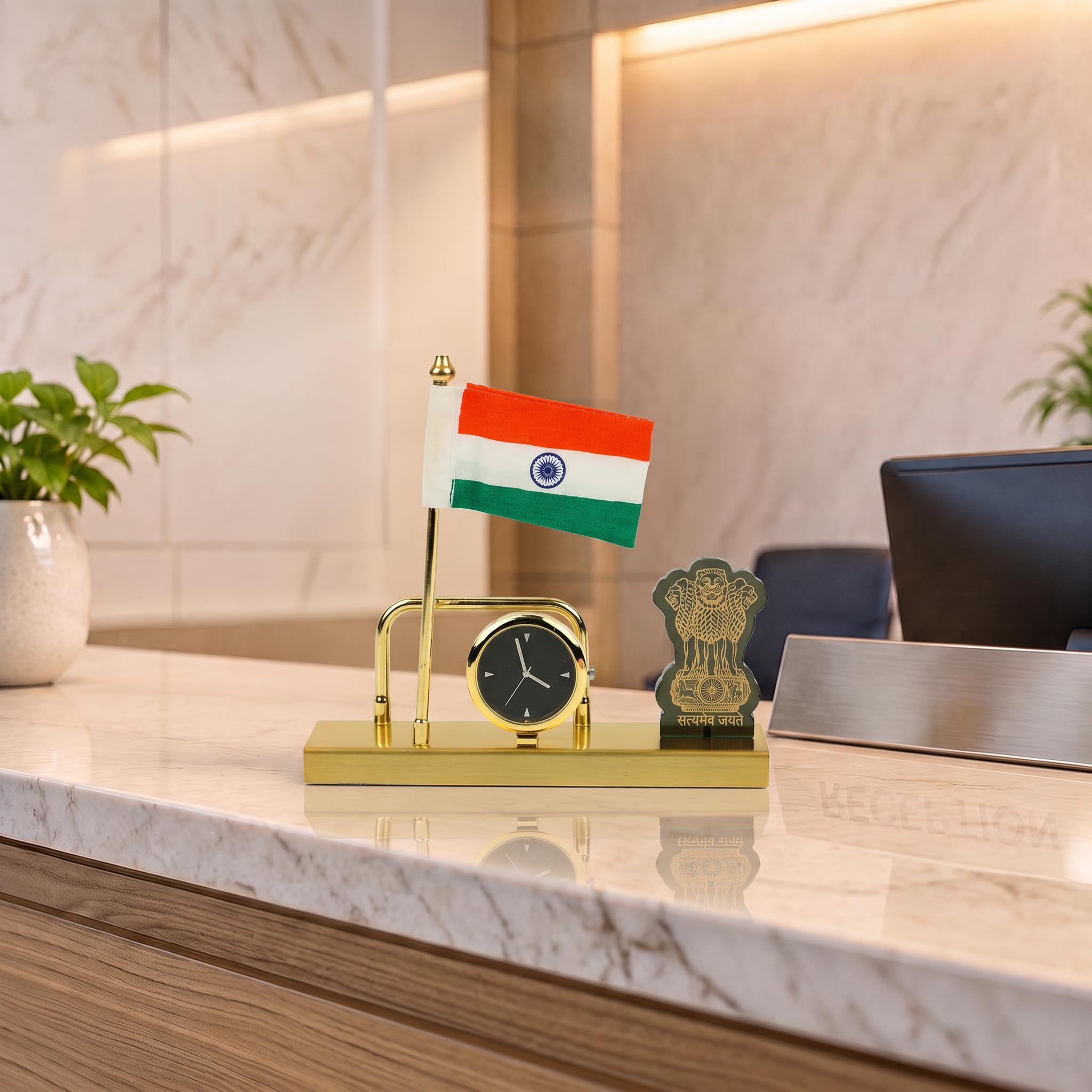 HindCraft Indian National Flag with Ashoka Pillar & Mini Clock Table Showpiece, Metal Desk Decor for Office, Home, Reception, Corporate-image-44