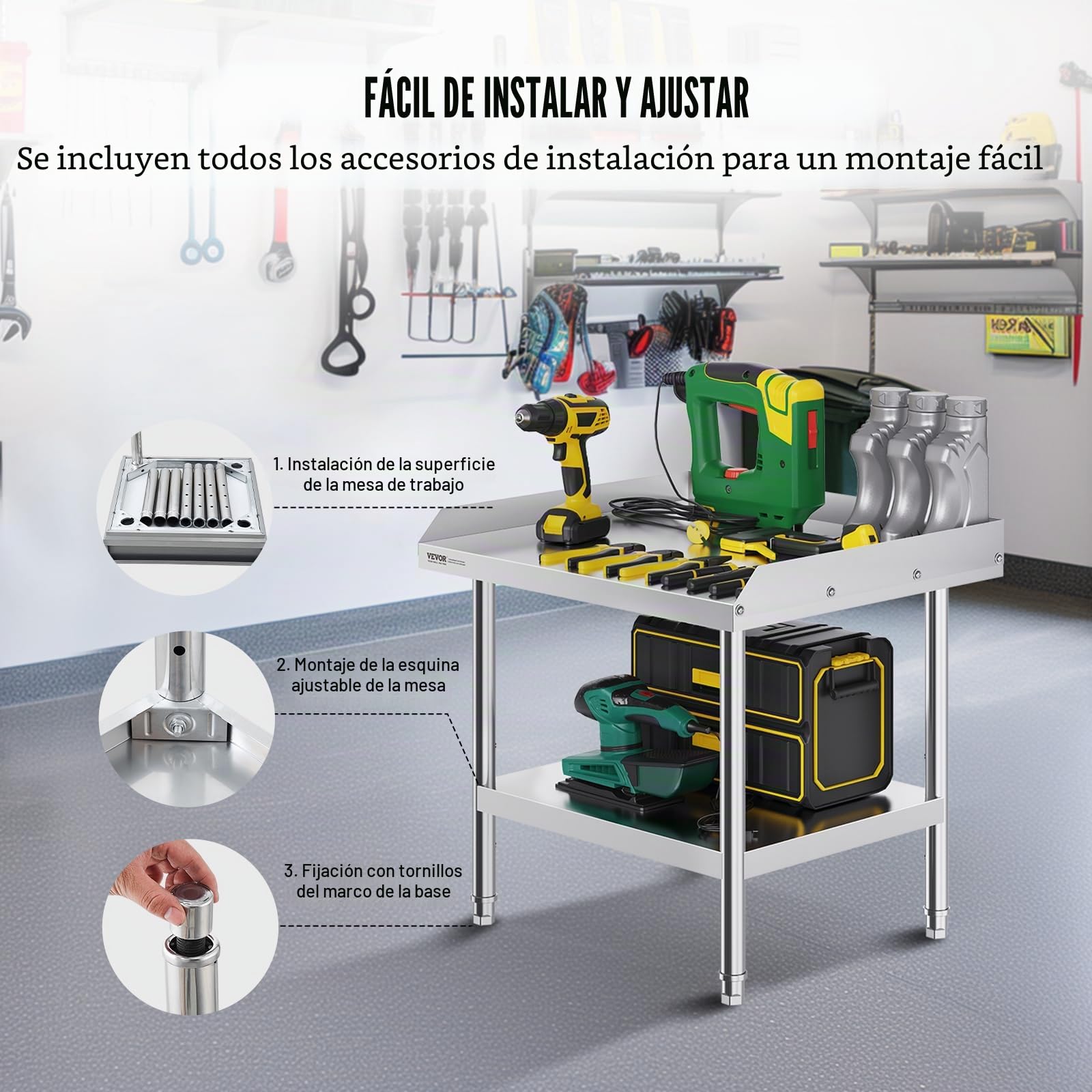 VEVOR Mesa de Trabajo de Acero Inoxidable Mesa de Trabajo Comercial para Preparación de Alimentos Protector contra Salpicaduras de 3 Lados 610 x 711 x 660 mm Altura Ajustable para Restaurantes