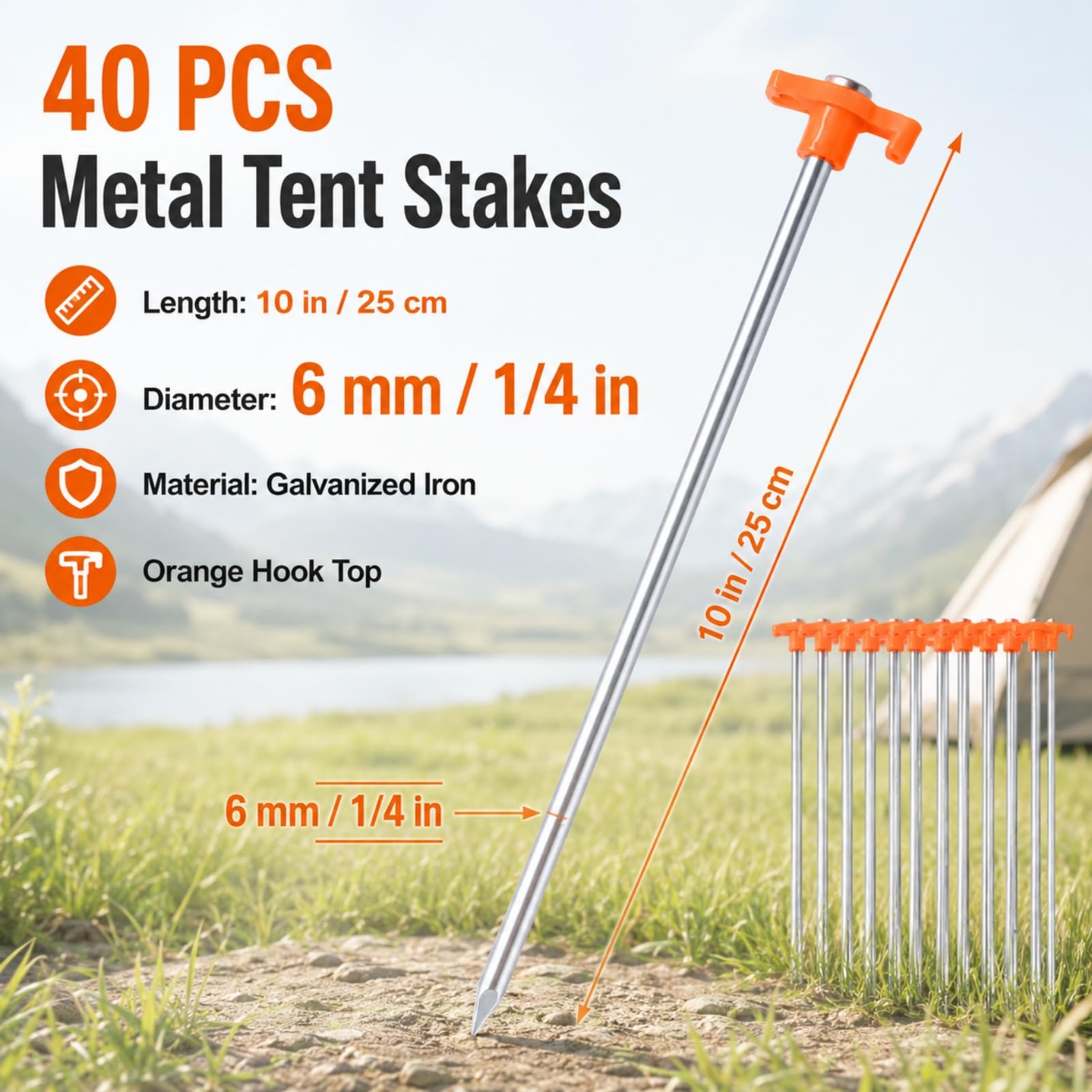 APACALI Lot de 40 piquets de tente en métal robustes de 25,4 cm - Piquets de tente en métal antirouille - Accessoires de camping pour camping, terrasse, jardin, auvents, prairie, extérieur