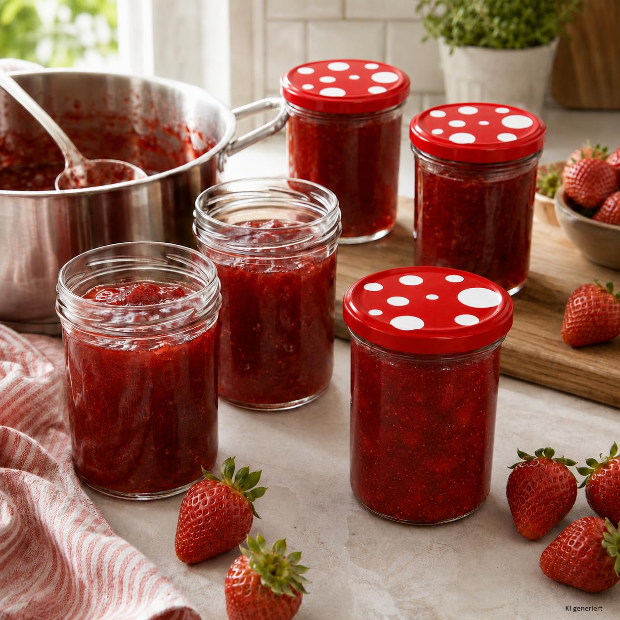 Set 50 barattoli in vetro per marmellate e conserve, capacità 435 ml, con coperchio rosso e bianco, ricettario incluso