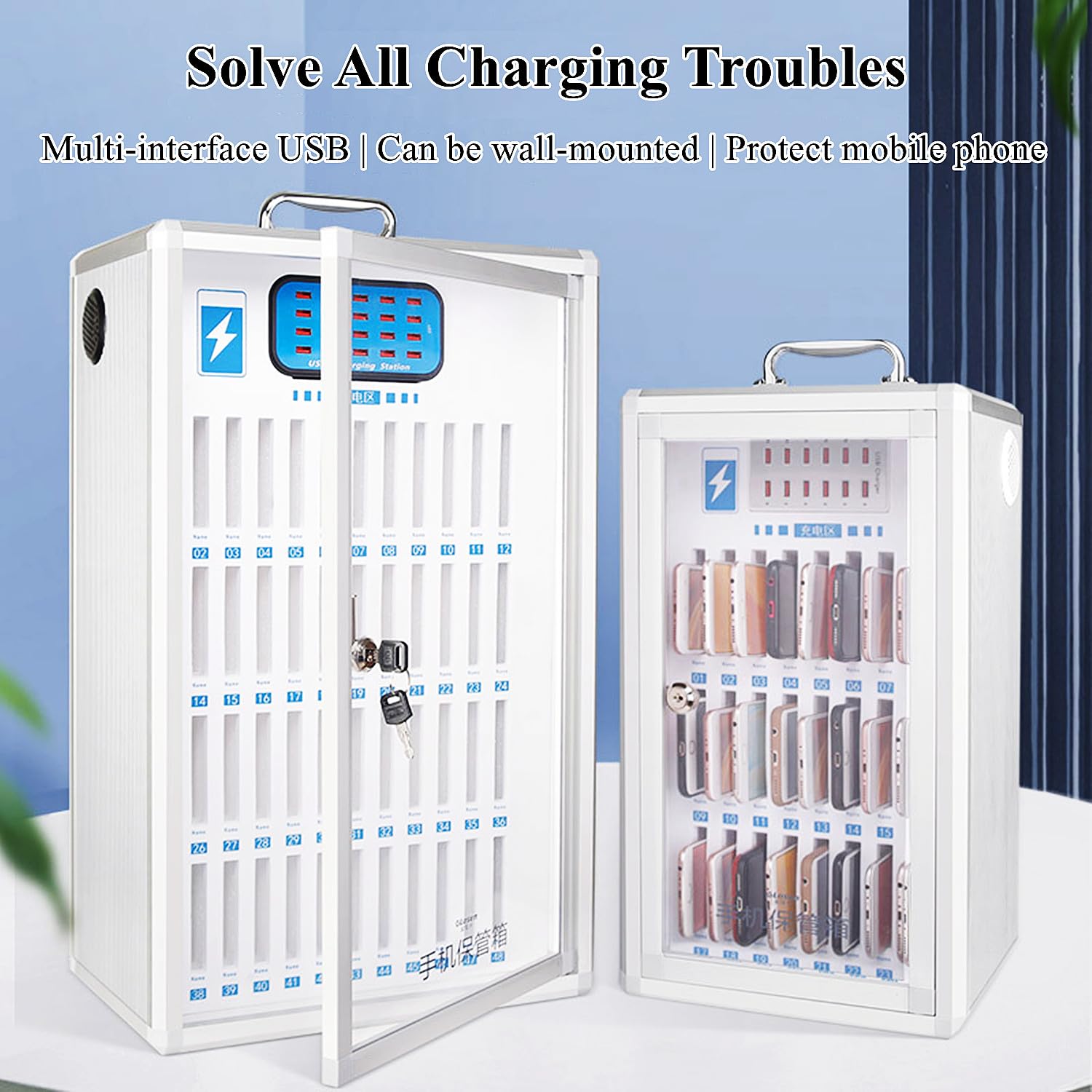 Cargador de Pared para Celular con Interfaz USB y Cierre de Seguridad, gabinete portátil Recargable con Cerradura y manija, Compartimentos múltiples para Celular, 48 ranu,24 Slots