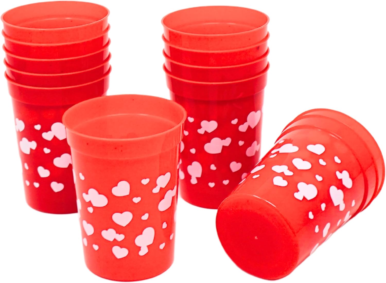 4E's Novelty Kids Valentine's Day Plastic Reusable Cups 8 OZ 12 Pack, Red with Hearts Valentines Tumblers Bulk Party Supplies Favors Gifts