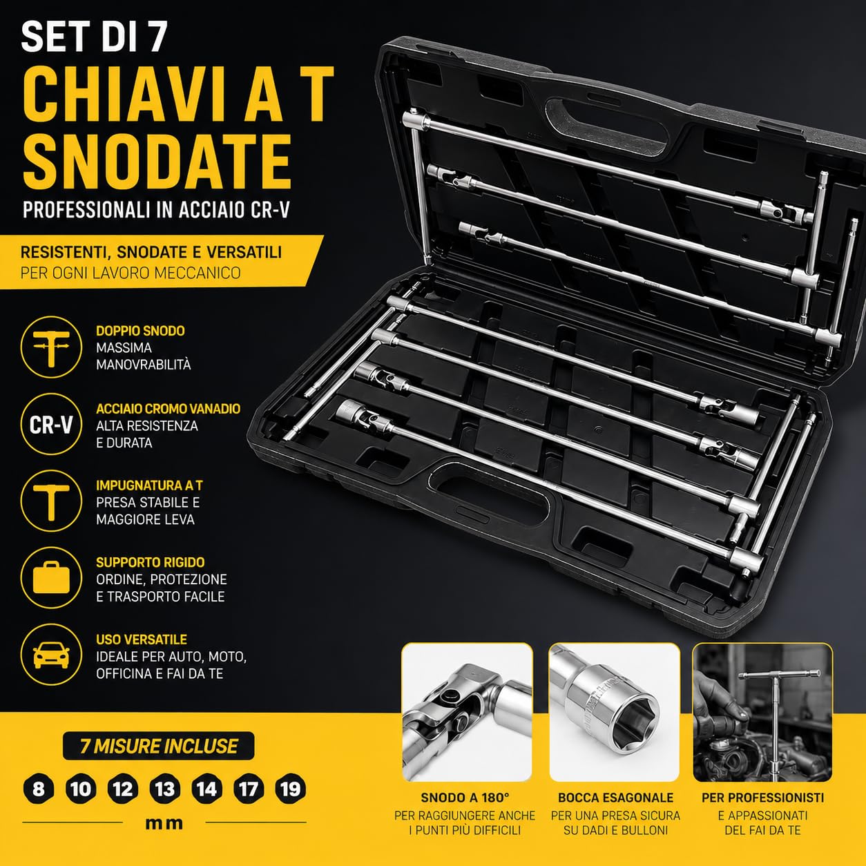 Generico Topolenashop Set 7 Chiavi a T Snodate con Doppio Snodo – Misure 8 10 12 13 14 17 19 mm, Chiavi in Acciaio Cromo Vanadio con Supporto per Auto e Officina