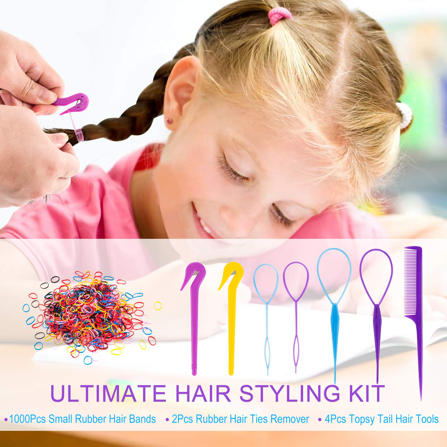 79STYLE 1000pcs Small Elastic Hair Bands 2pcs Mini Rubber Bands Remover Pony Pick cutter 4pcs Topsy Hair Tail Tools Girls French Braiding Tool Loop Ponytail Maker Hair Styling Accessories (Multi-Color Pink) : Beauty & Personal Care