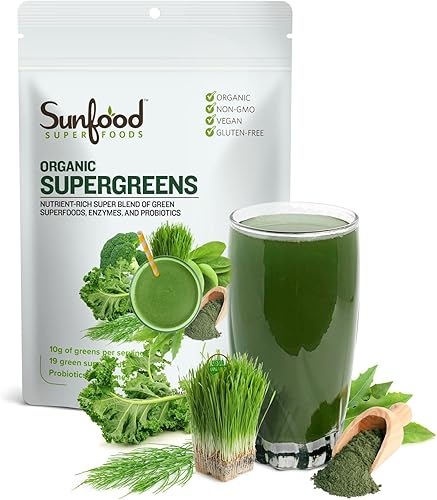 Sunfood Super Greens Powder Mezcla orgánica de 19 superalimentos verdes probiĂłticos enzimas proteĂnas y fibra primeros ingredientes de espirulina y Sunfood Super Greens Powder Mezcla orgánica de 19 superalimentos verdes probiĂłticos enzimas proteĂnas y fibra primeros ingredientes de espirulina y
